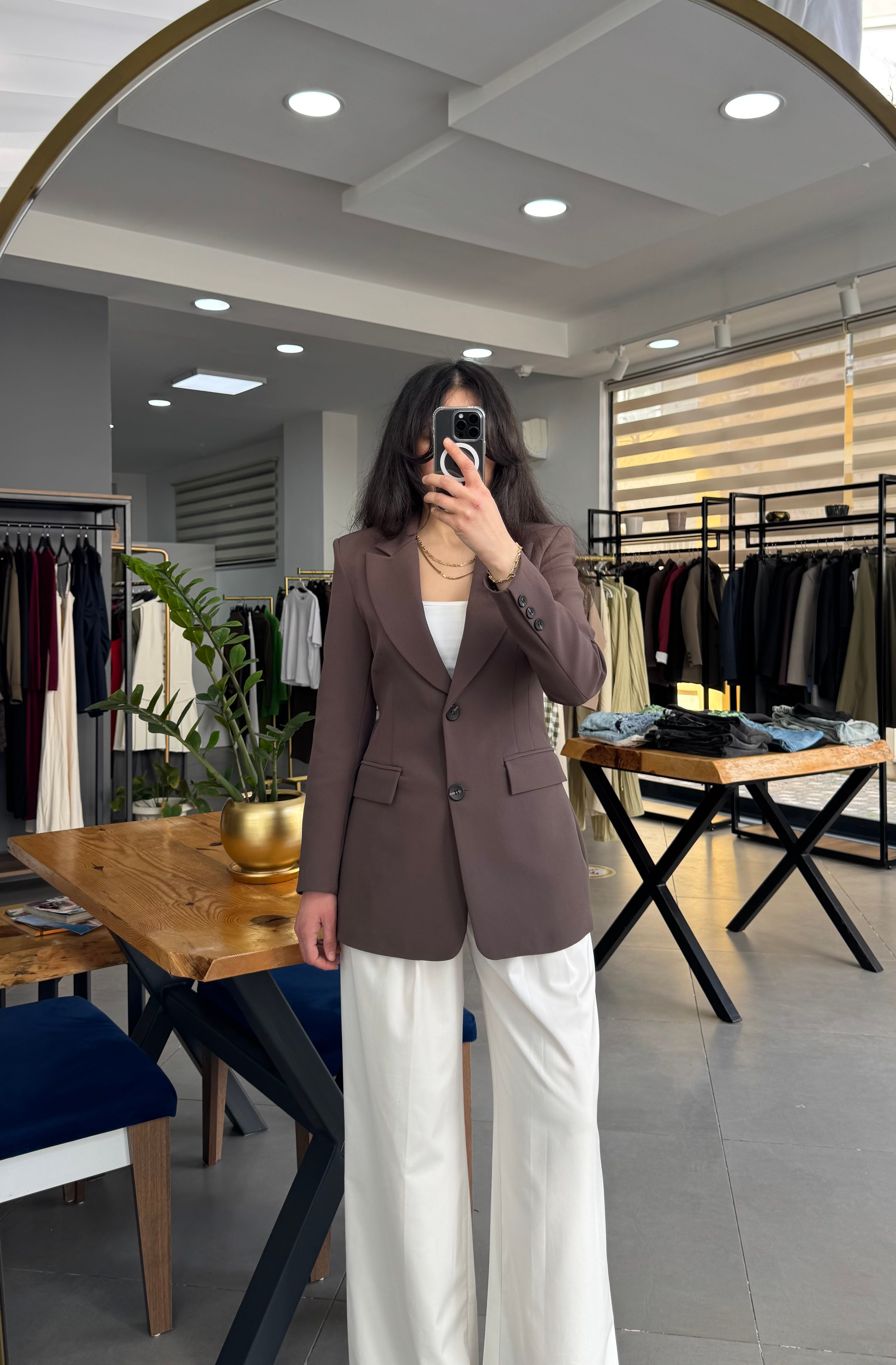 Kahve Belden Oturtmalı Astarlı Blazer Ceket