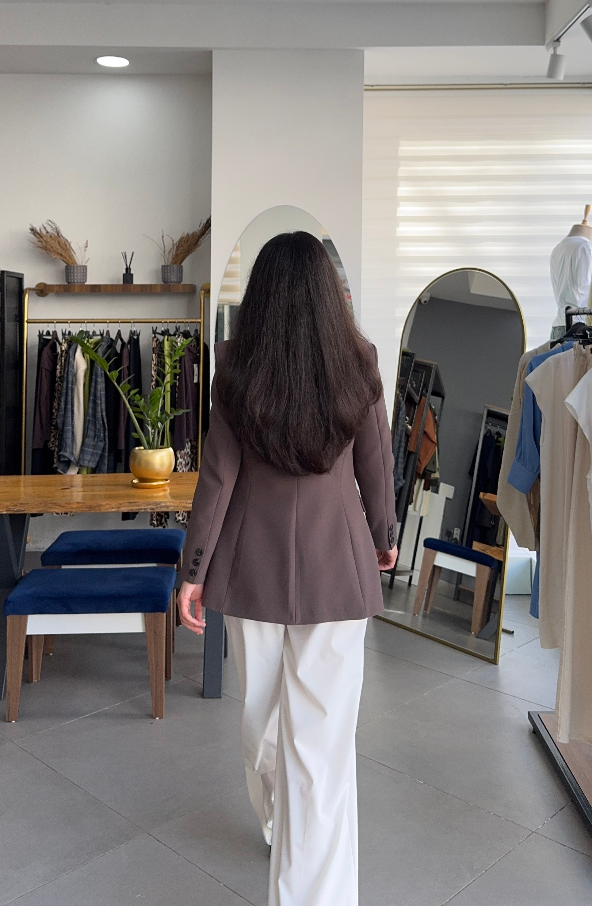 Kahve Belden Oturtmalı Astarlı Blazer Ceket