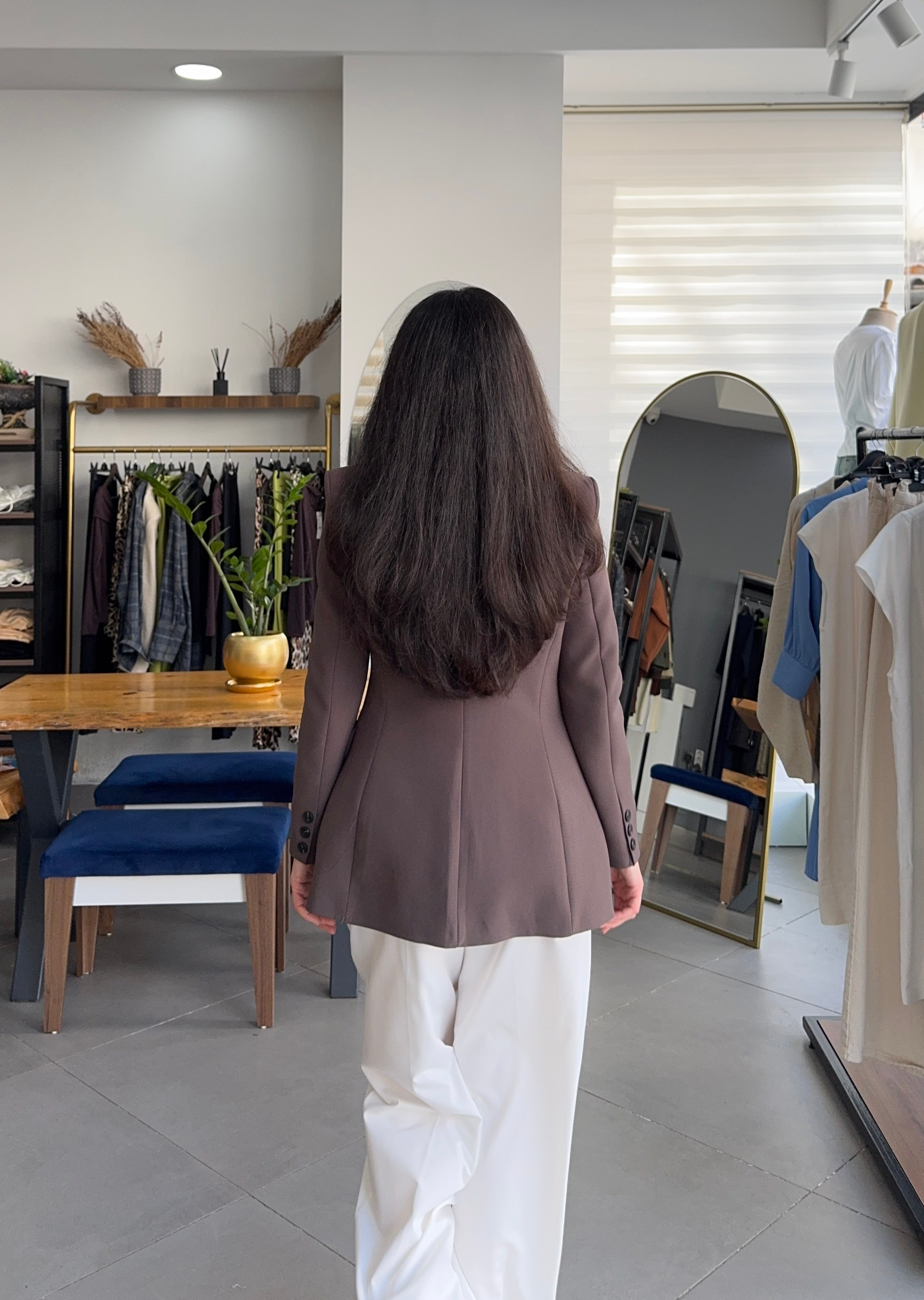 Kahve Belden Oturtmalı Astarlı Blazer Ceket