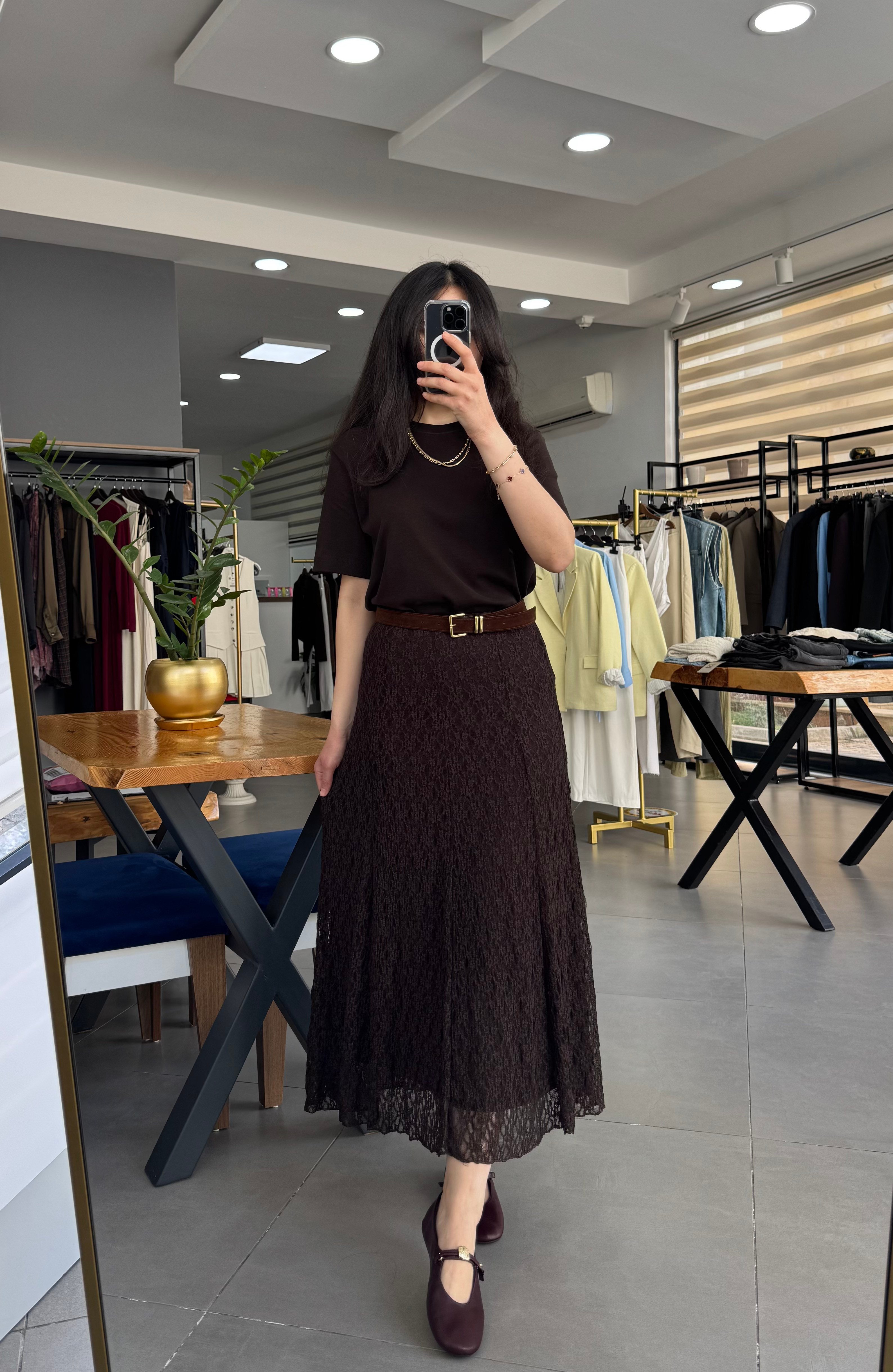 Kahve Uzun Astarlı Bel Lastik Detay Dantel Midi Etek