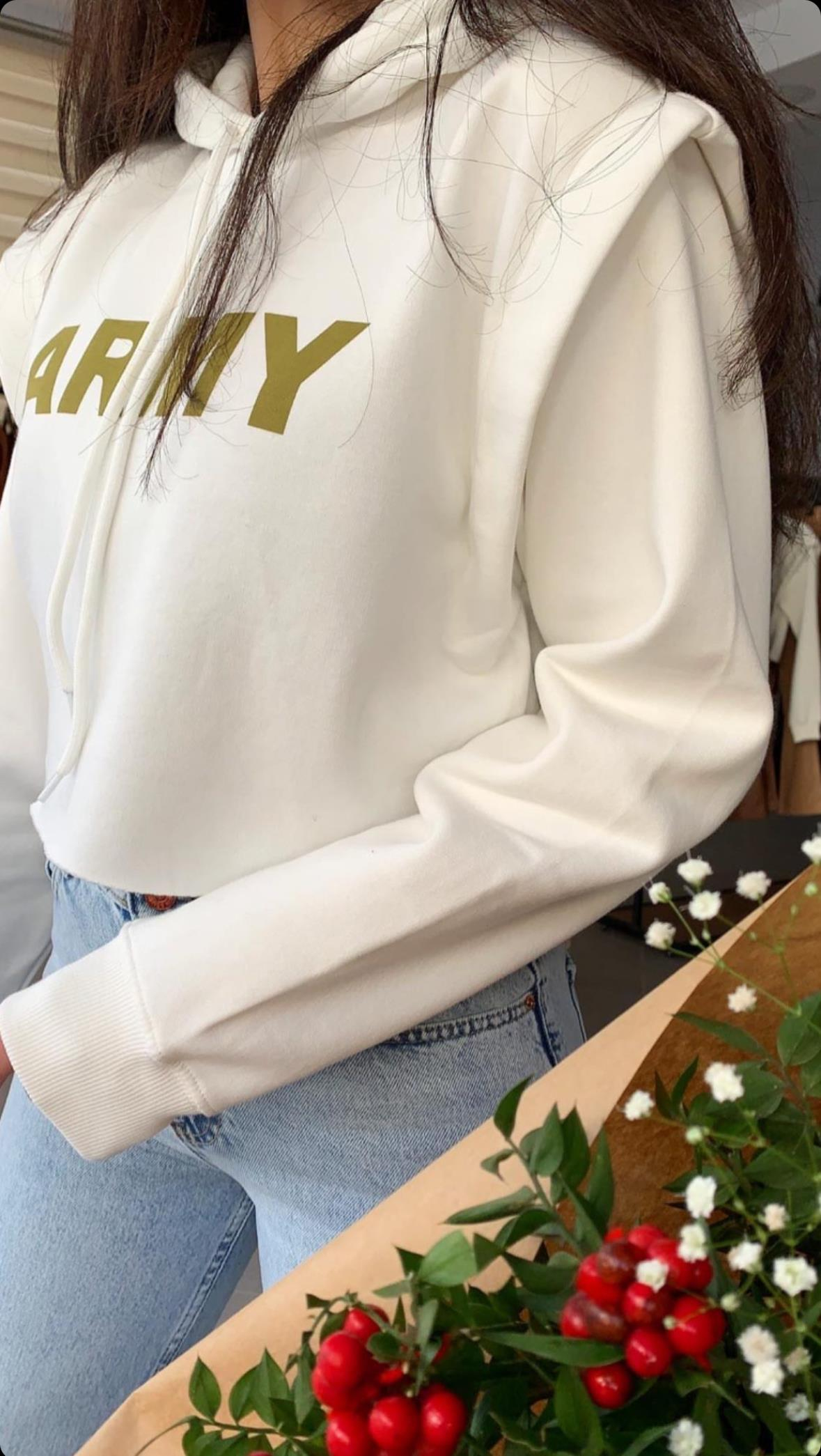 Kapüşonlu İçi Polar Vatkalı Kısa Beyaz Sweatshirt