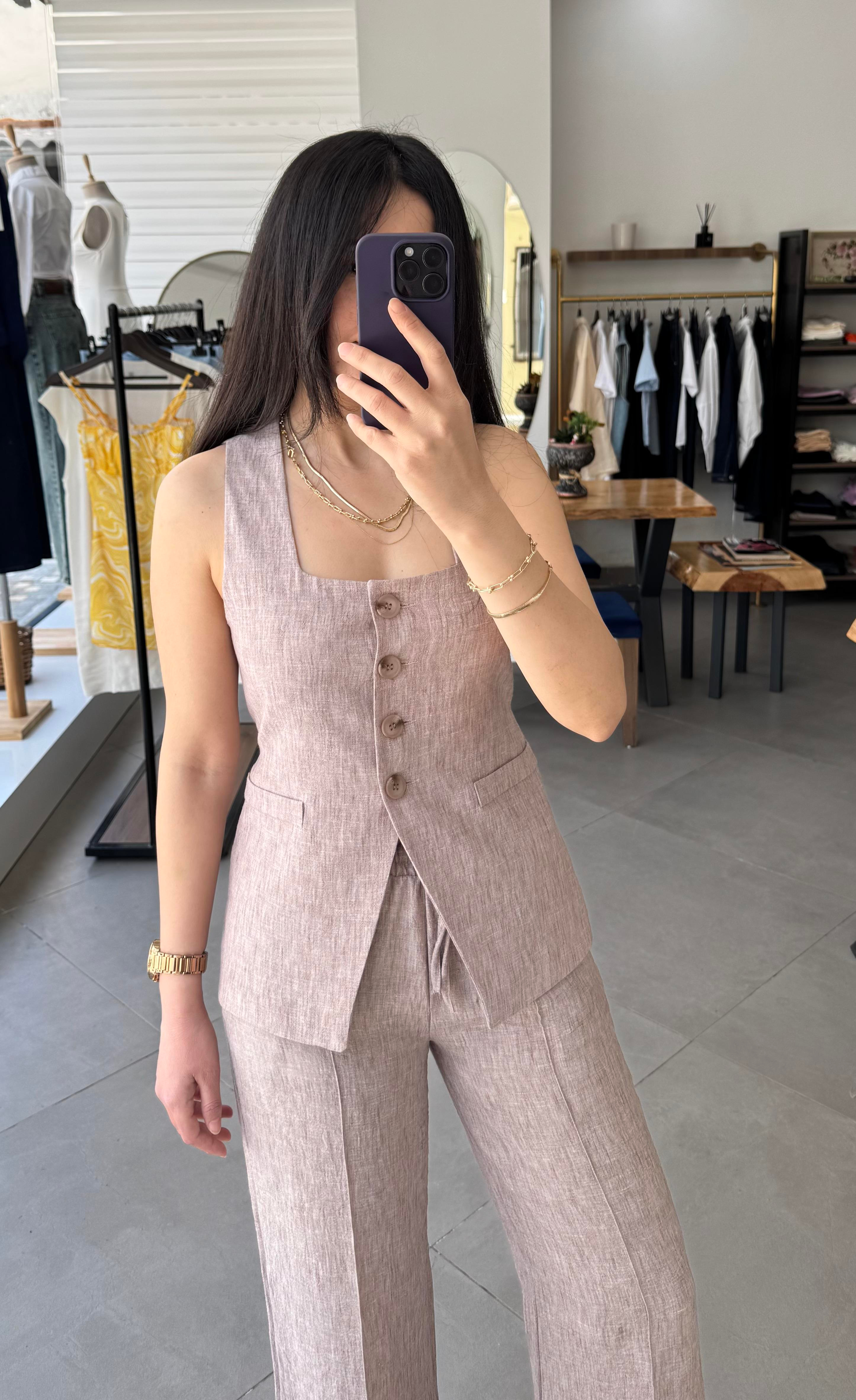 Kare Yaka Yelek Palazzo Gül Kurusu Takım