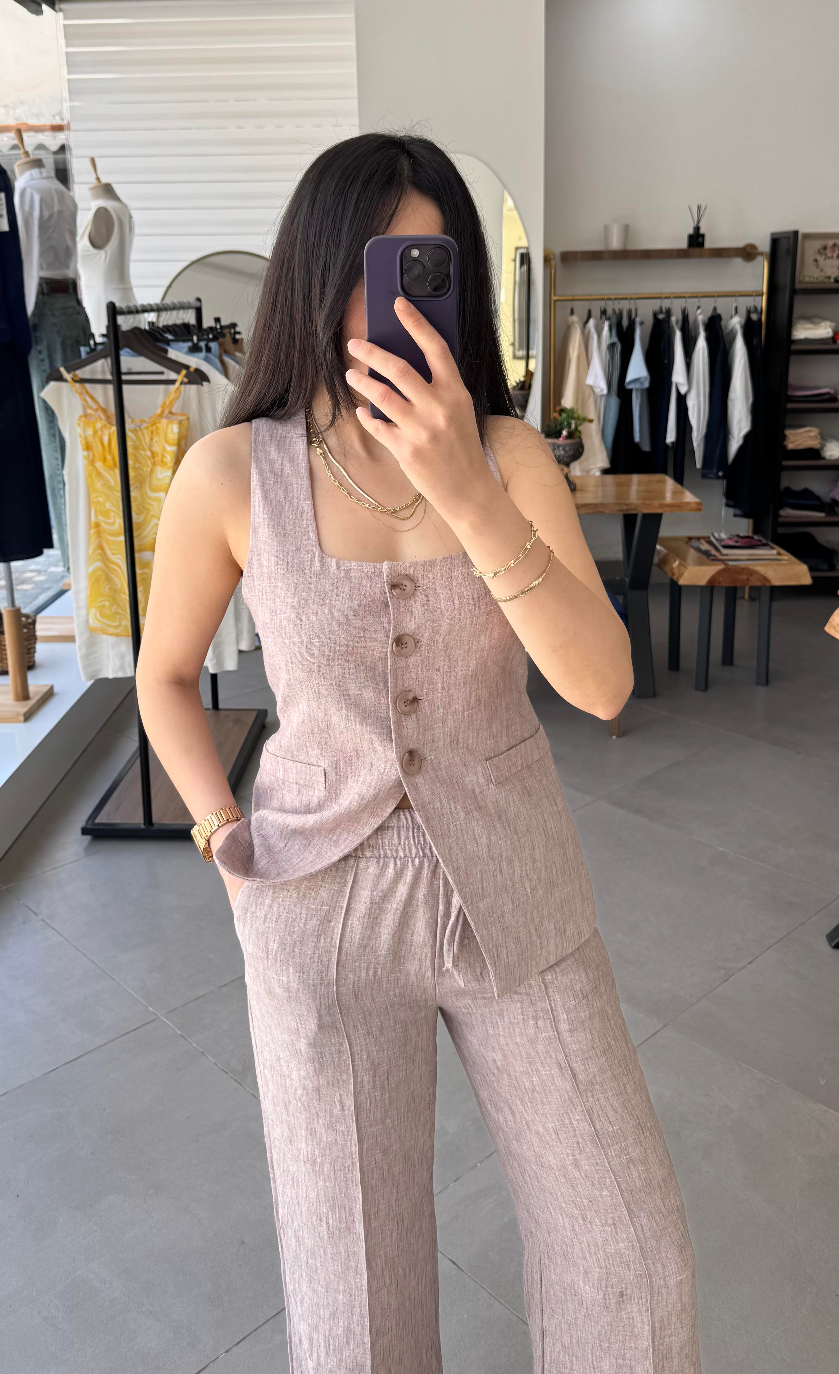Kare Yaka Yelek Palazzo Gül Kurusu Takım