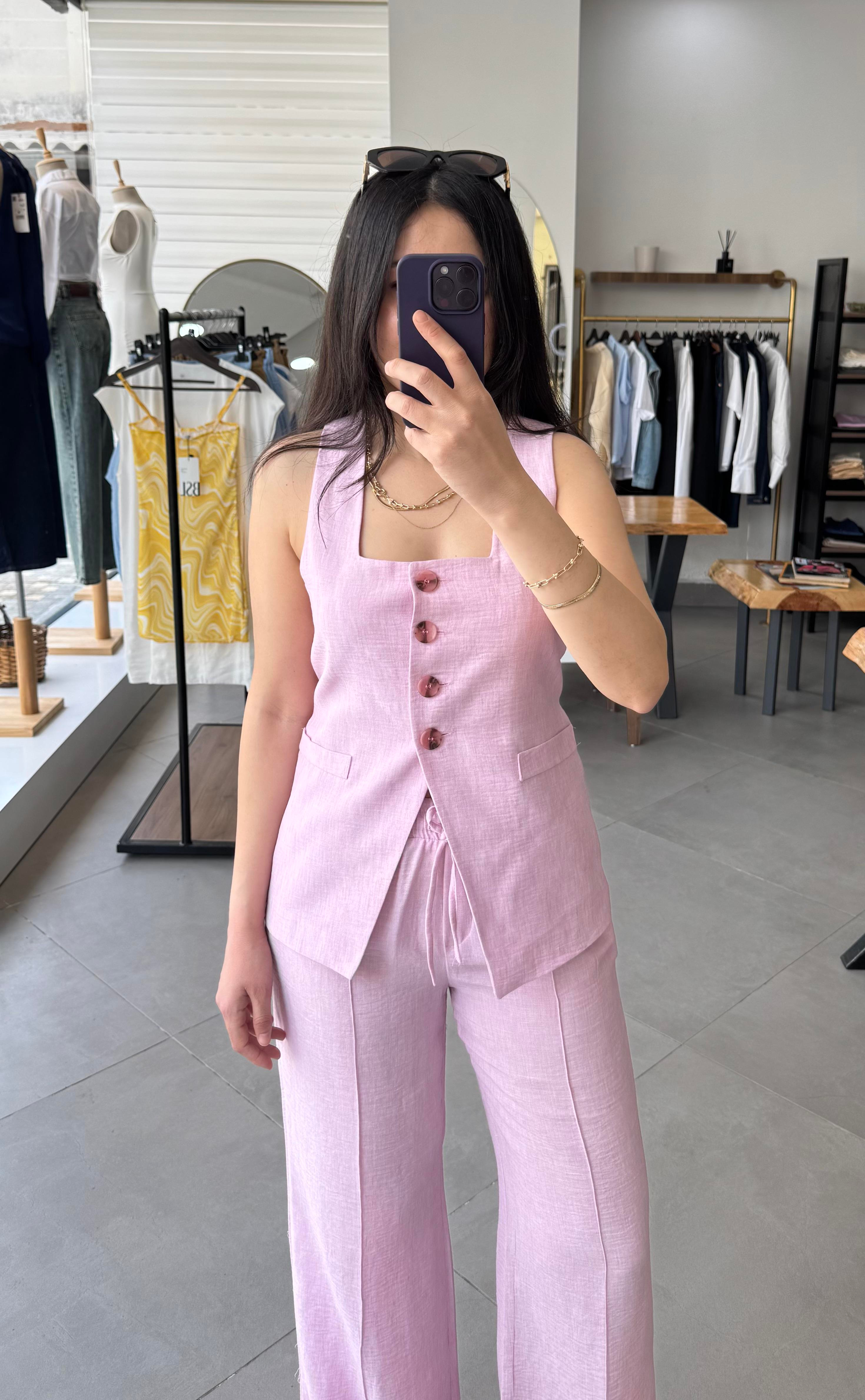 Kare Yaka Yelek Palazzo Pembe Takım
