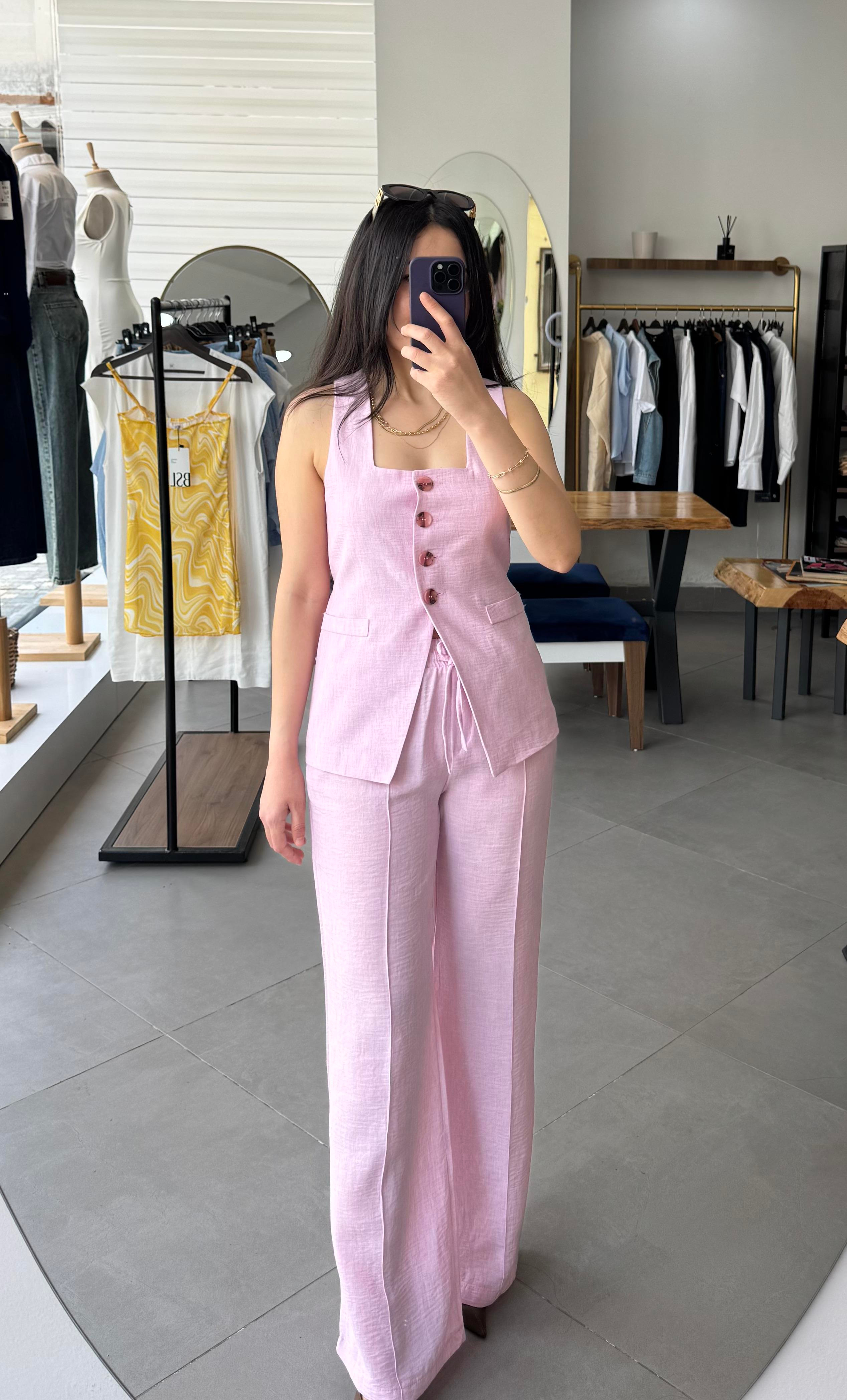 Kare Yaka Yelek Palazzo Pembe Takım