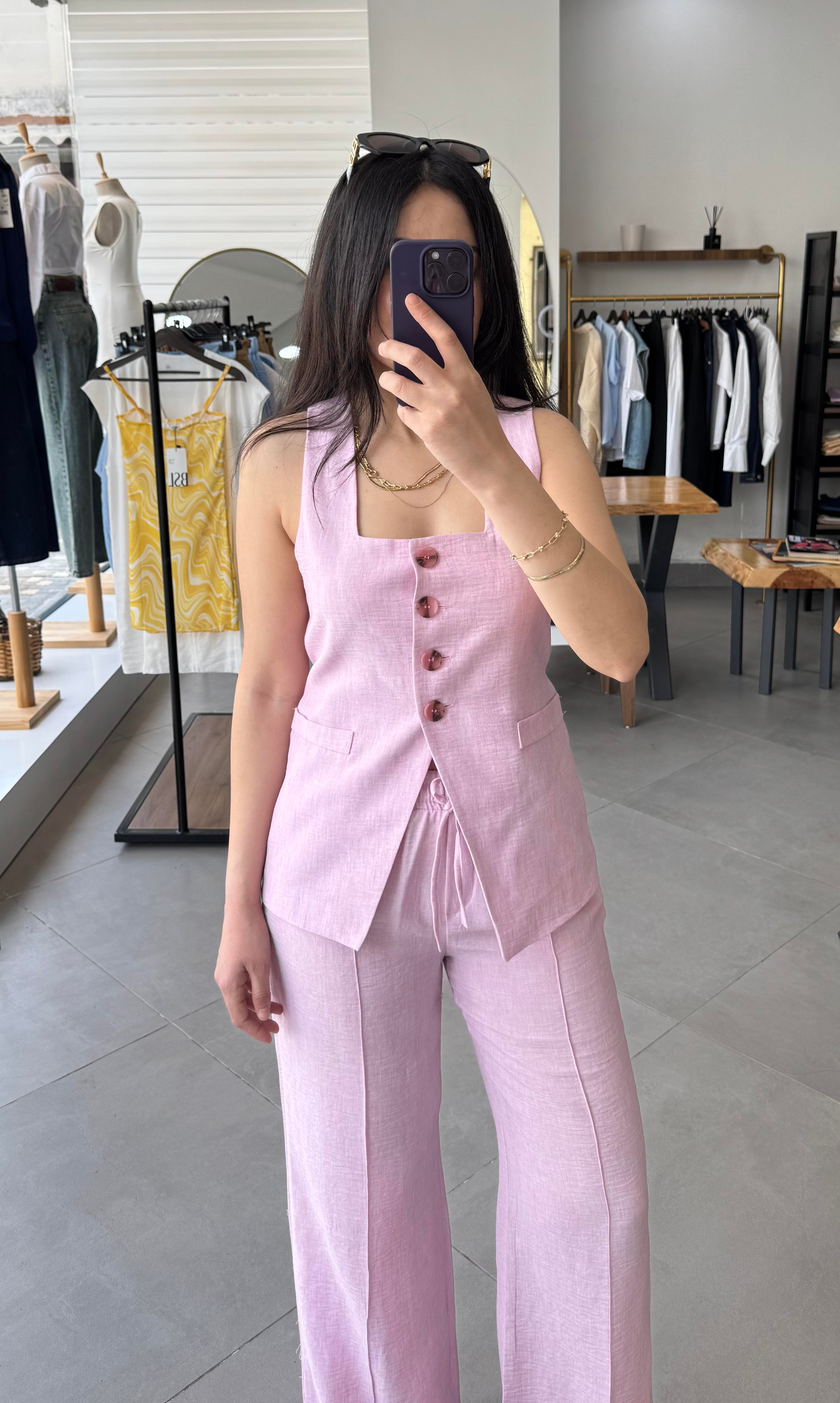 Kare Yaka Yelek Palazzo Pembe Takım