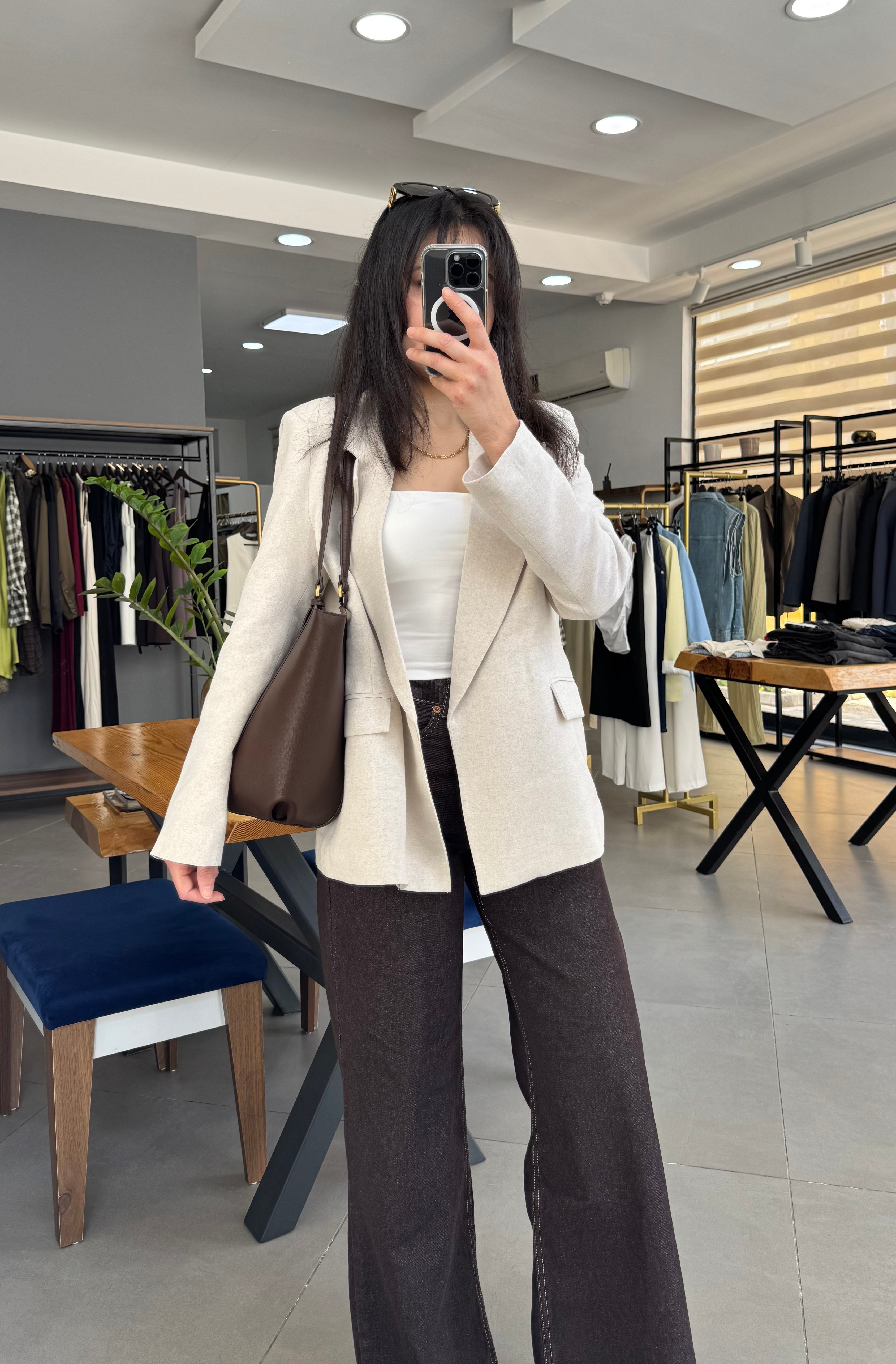 Kemerli Keten Çizgili Astarlı Taş Blazer Ceket