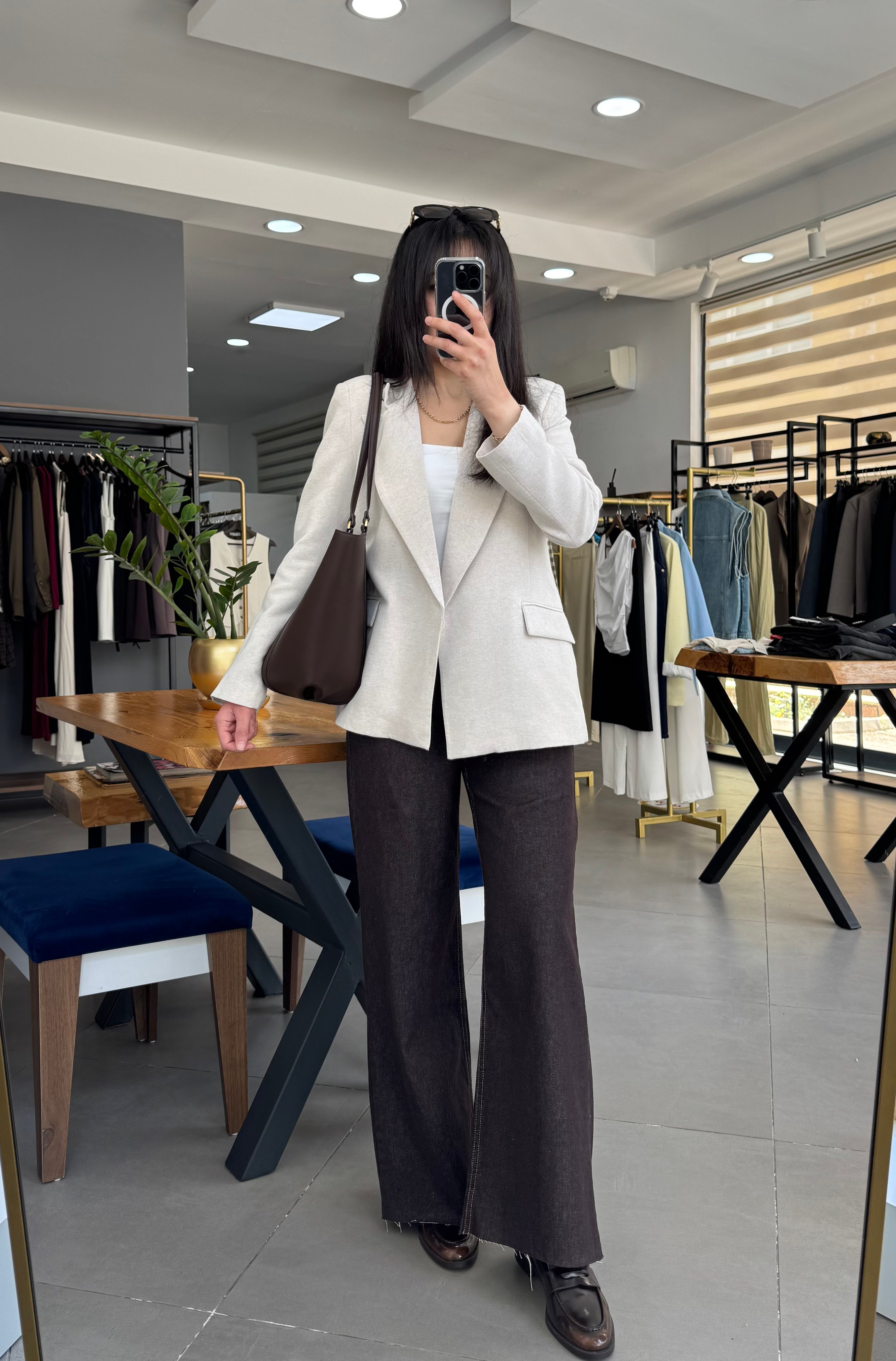 Kemerli Keten Çizgili Astarlı Taş Blazer Ceket
