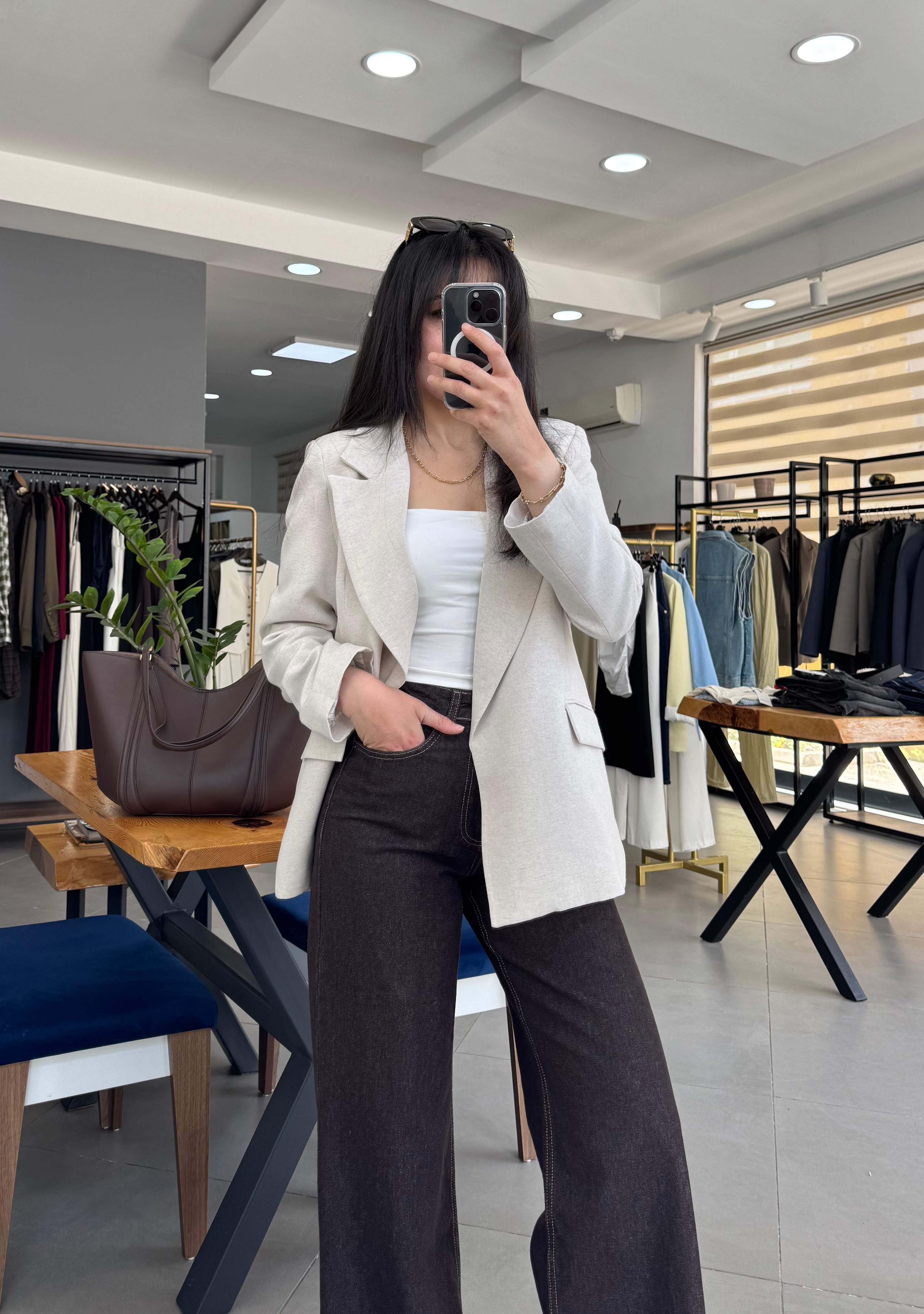 Kemerli Keten Çizgili Astarlı Taş Blazer Ceket