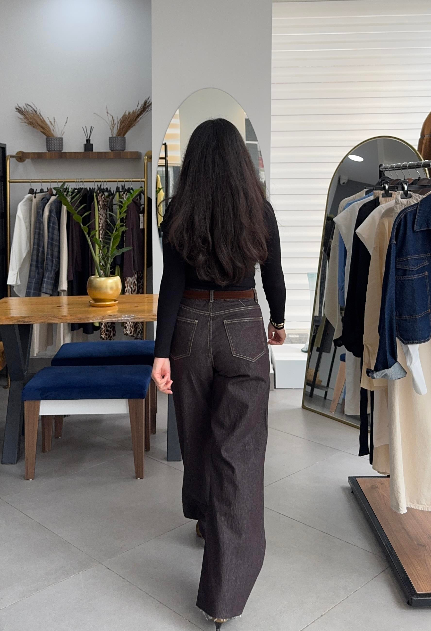 Kendinden Kemerli Acı Kahve Geniş Paça Denim Pantolon