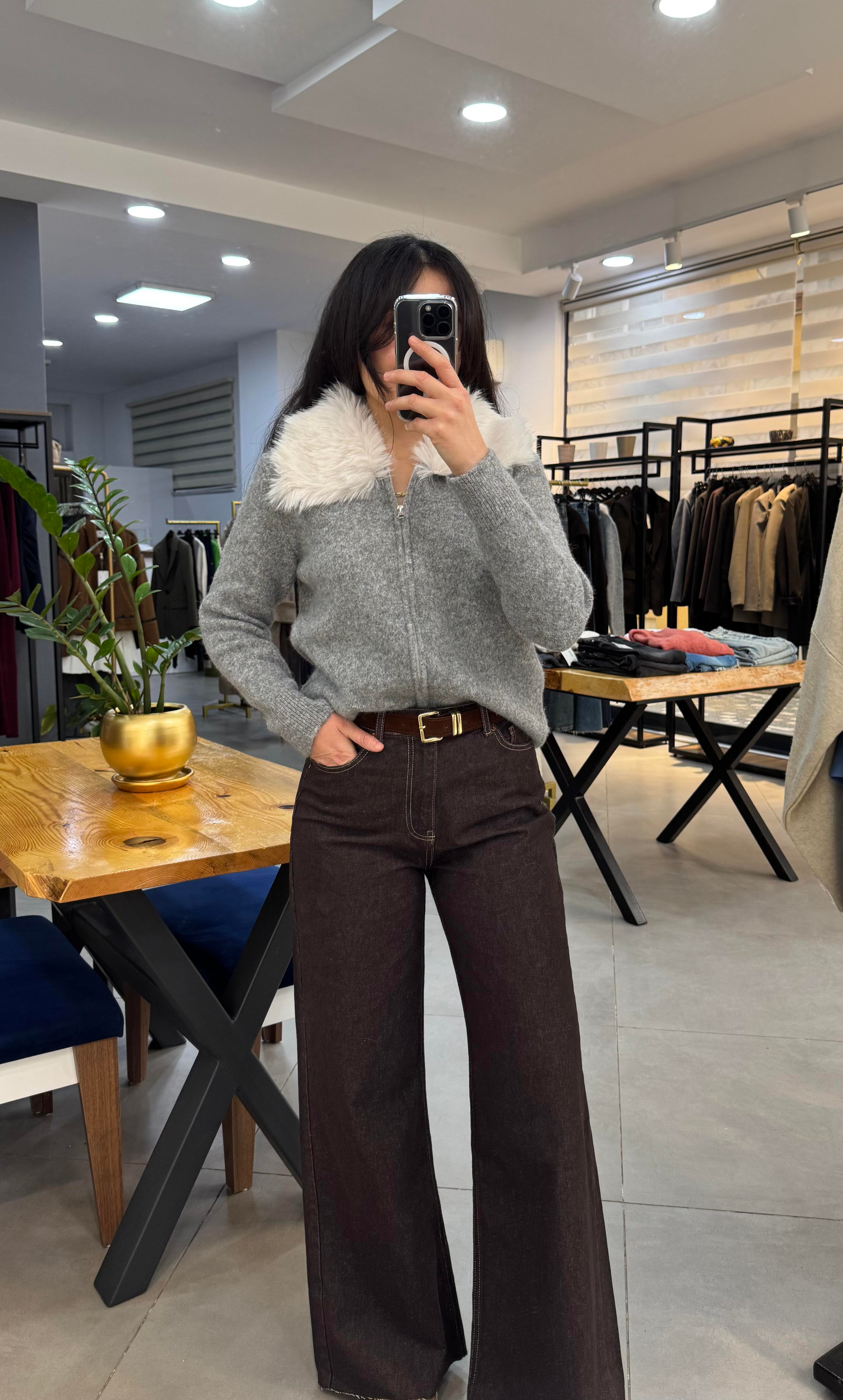 Kendinden Kemerli Acı Kahve Geniş Paça Denim Pantolon