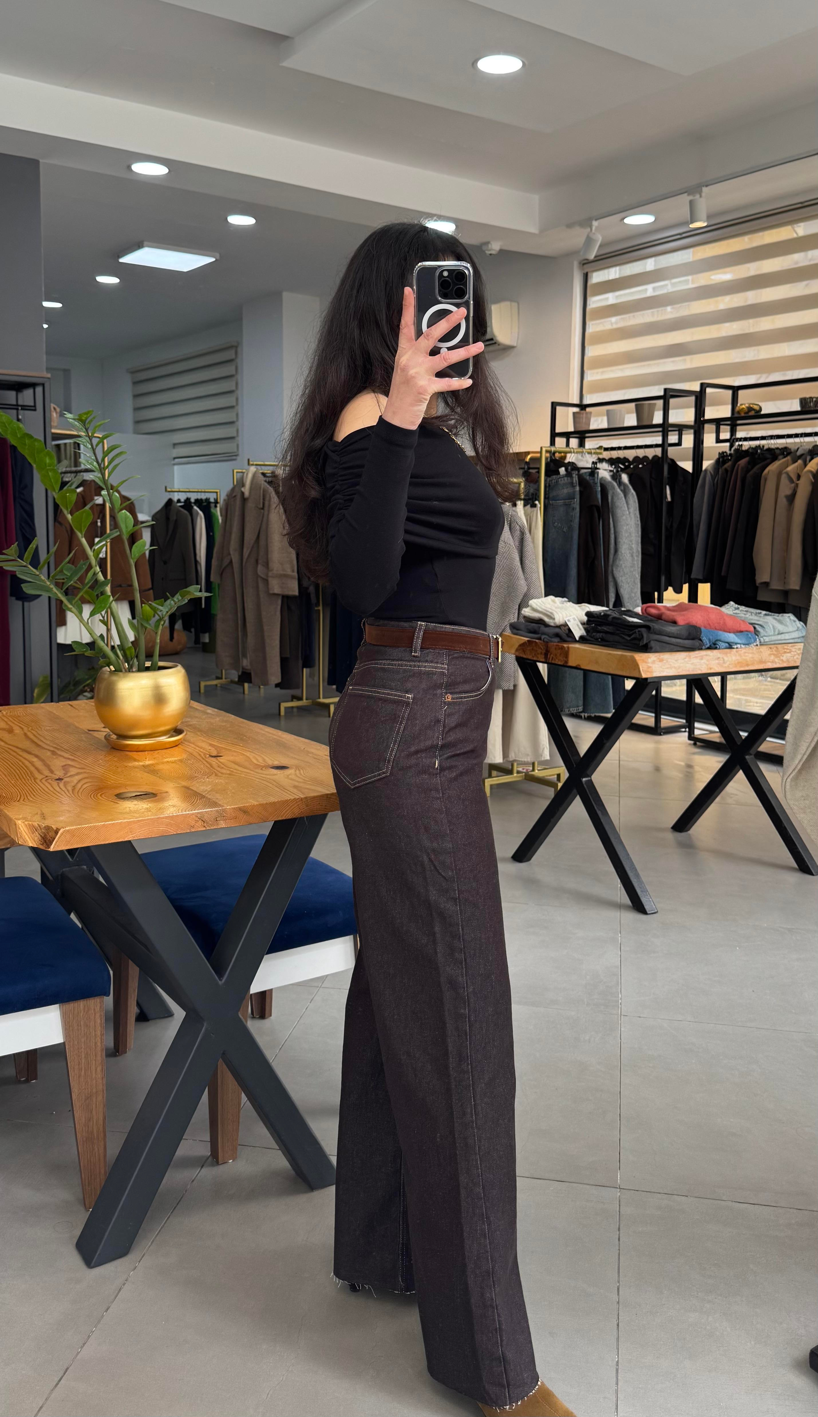 Kendinden Kemerli Acı Kahve Geniş Paça Denim Pantolon