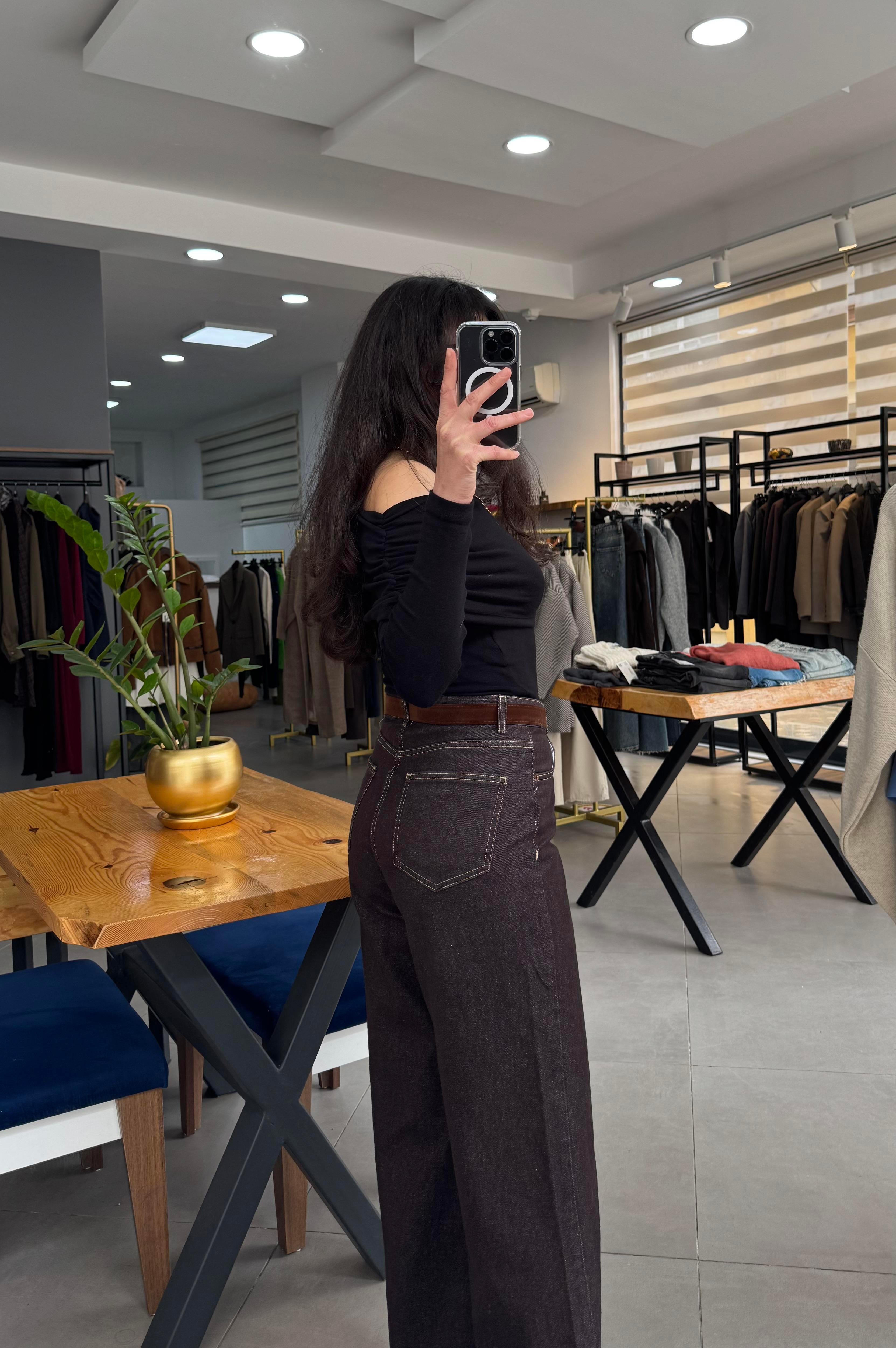 Kendinden Kemerli Acı Kahve Geniş Paça Denim Pantolon