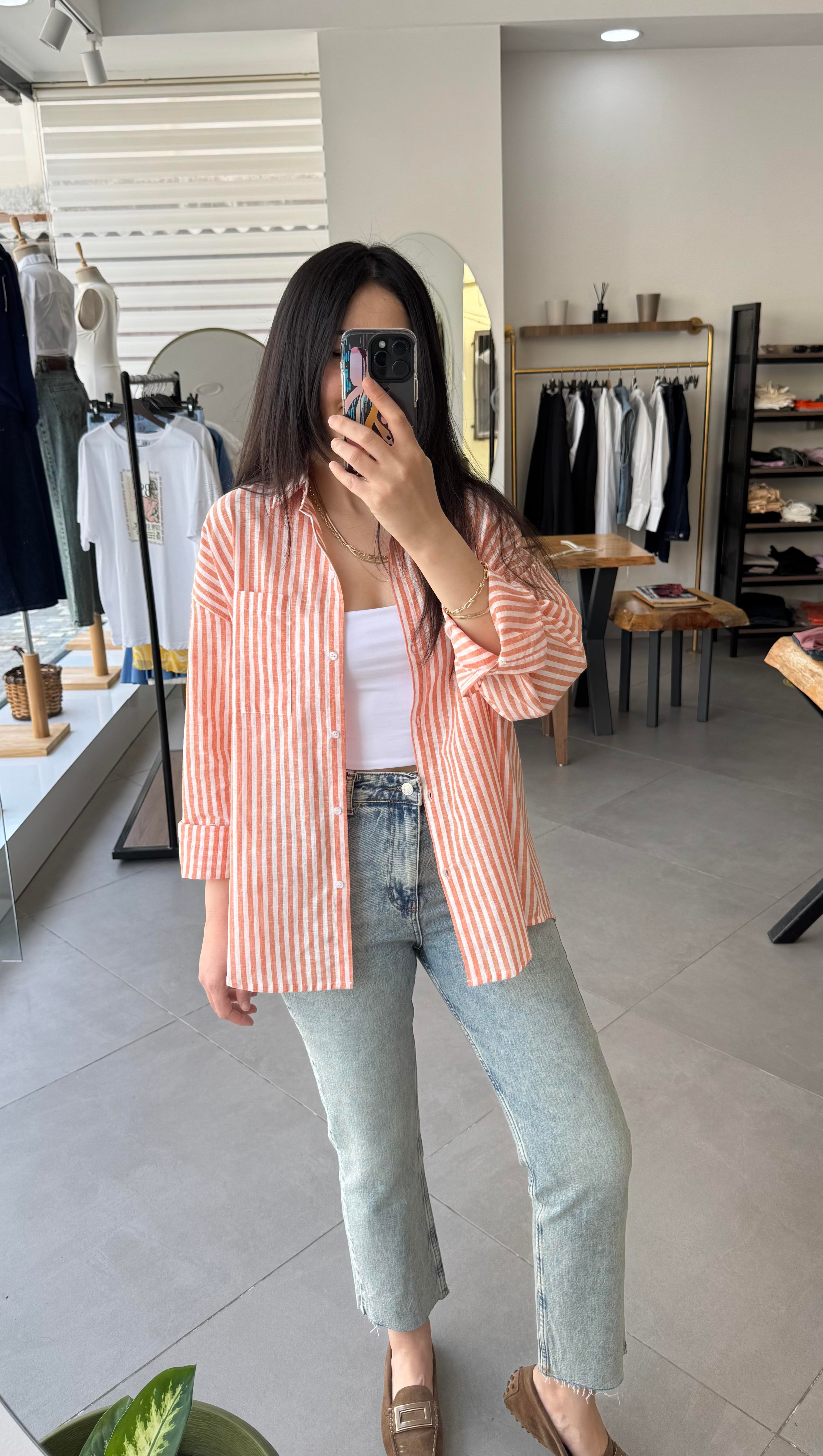 Keten Çizgili Oversize Oranj Gömlek
