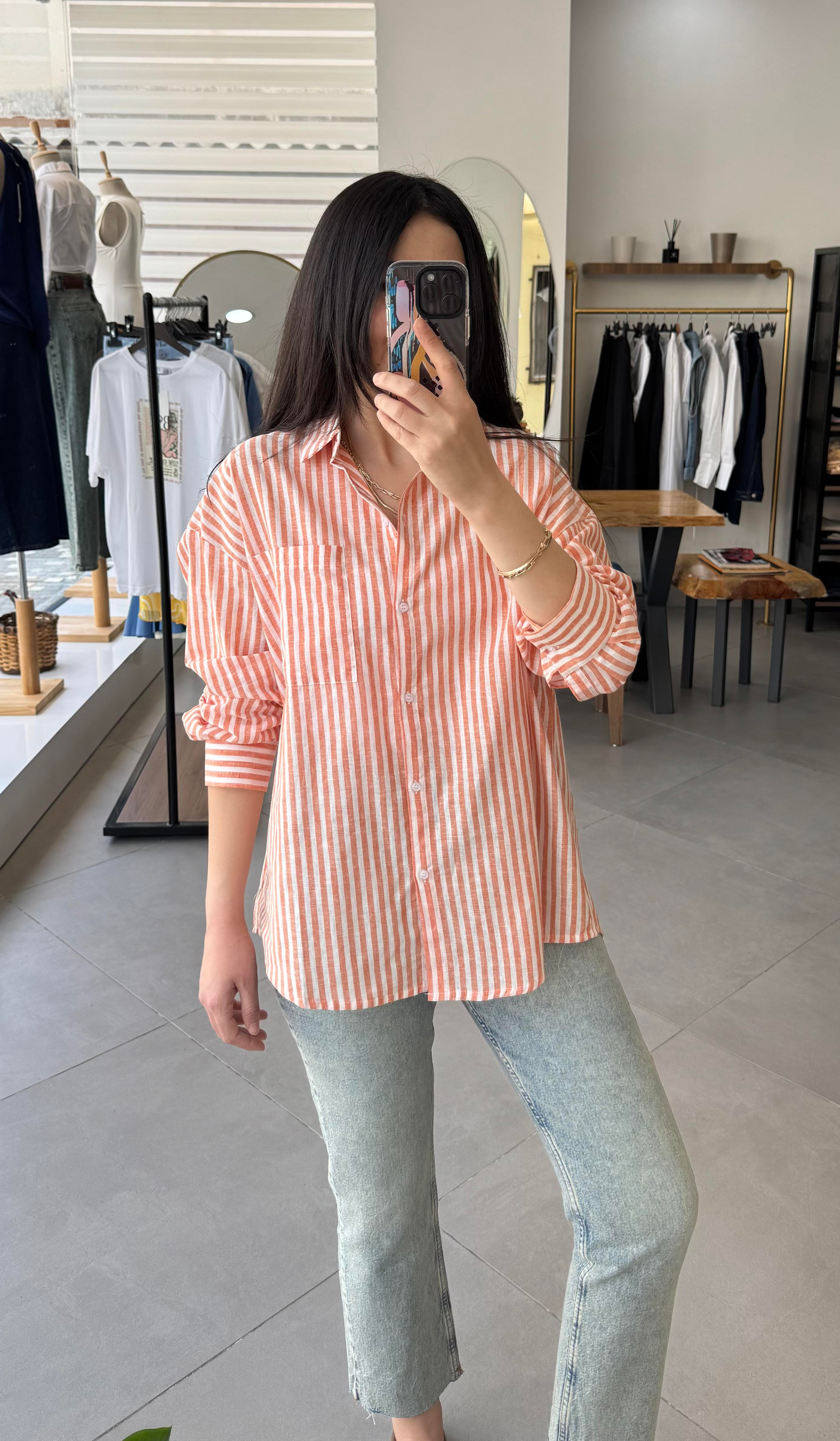 Keten Çizgili Oversize Oranj Gömlek