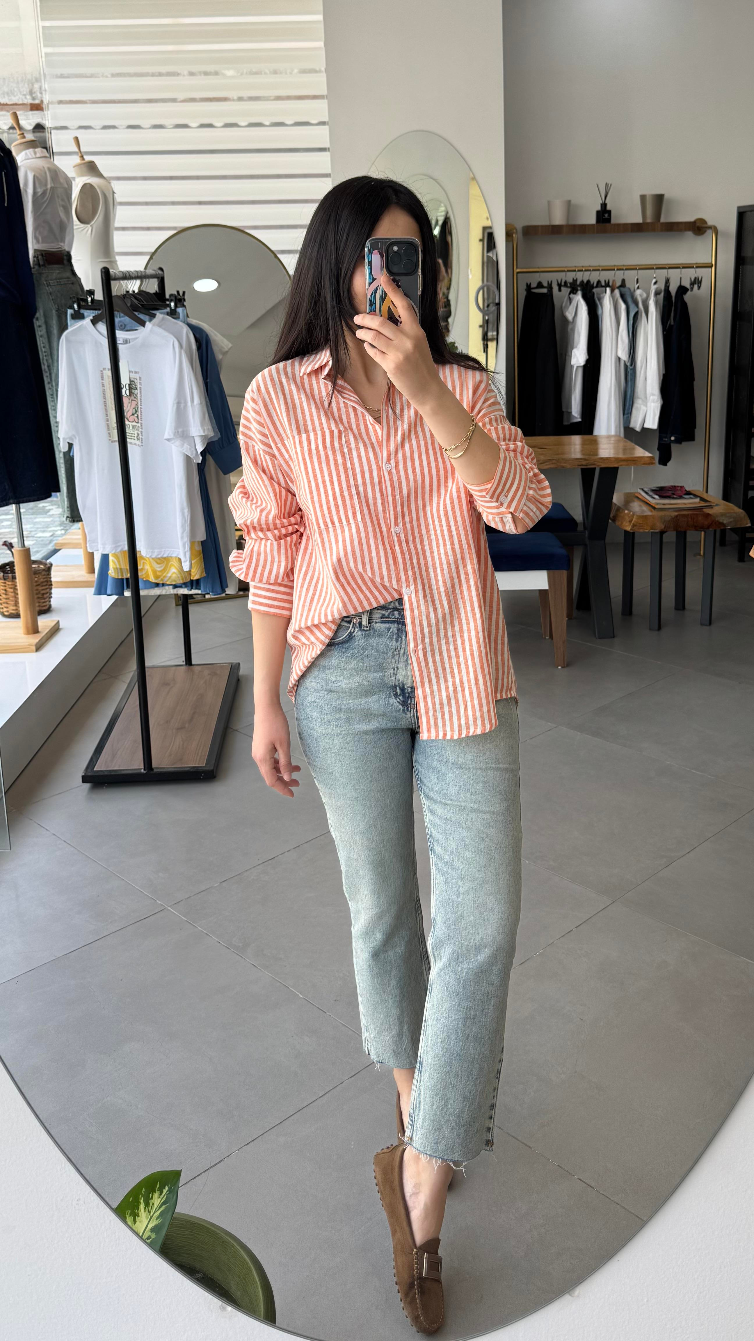 Keten Çizgili Oversize Oranj Gömlek