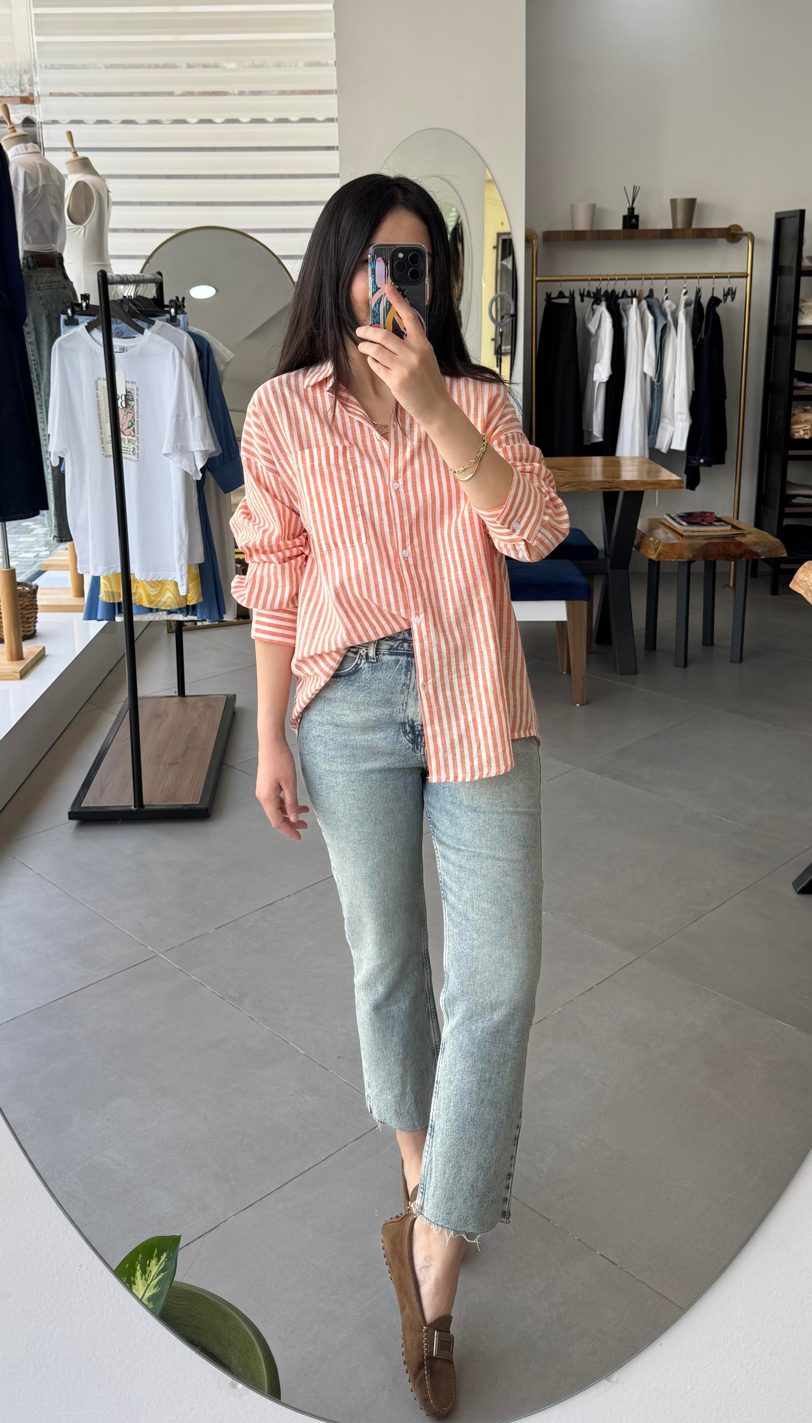 Keten Çizgili Oversize Oranj Gömlek