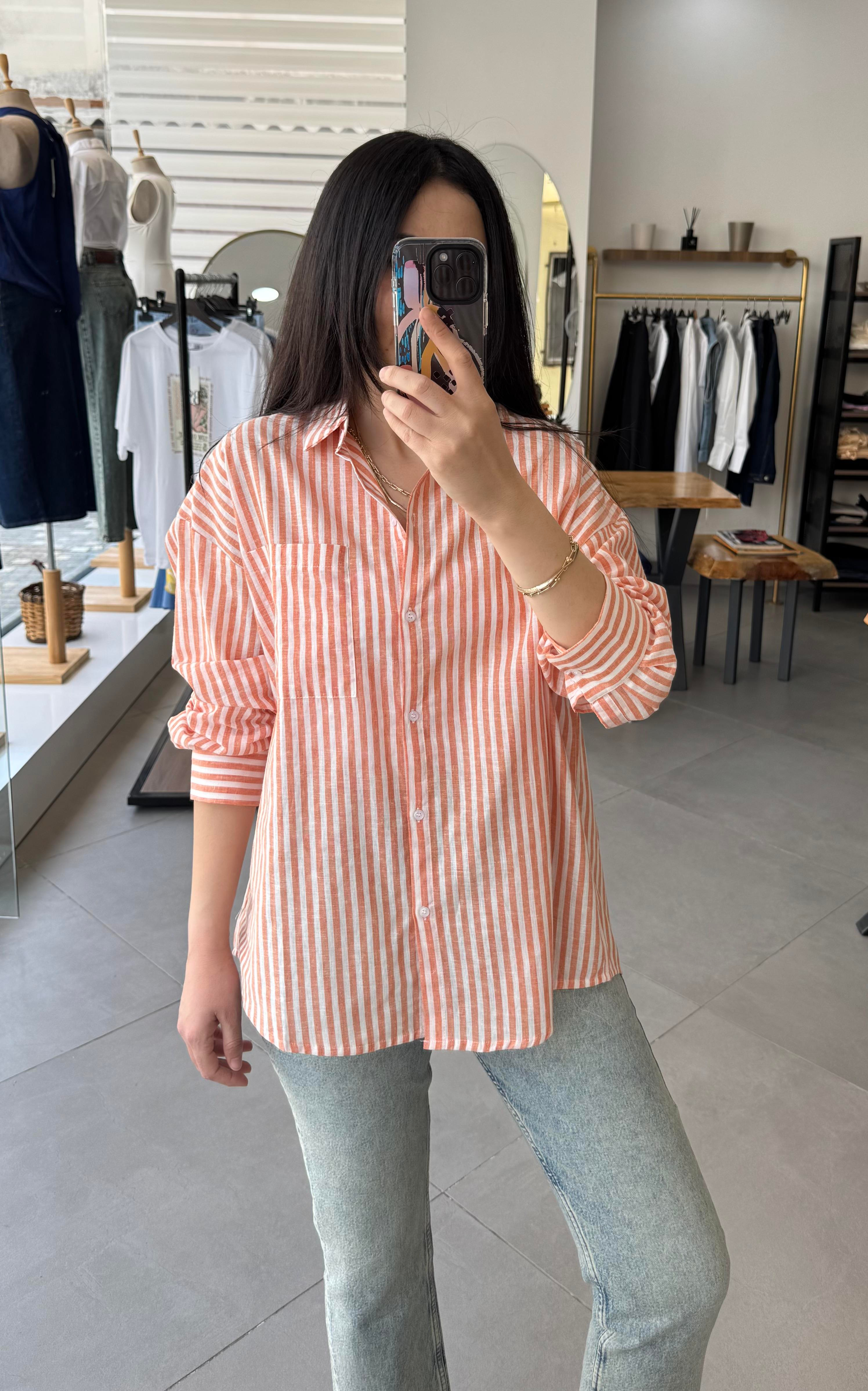 Keten Çizgili Oversize Oranj Gömlek