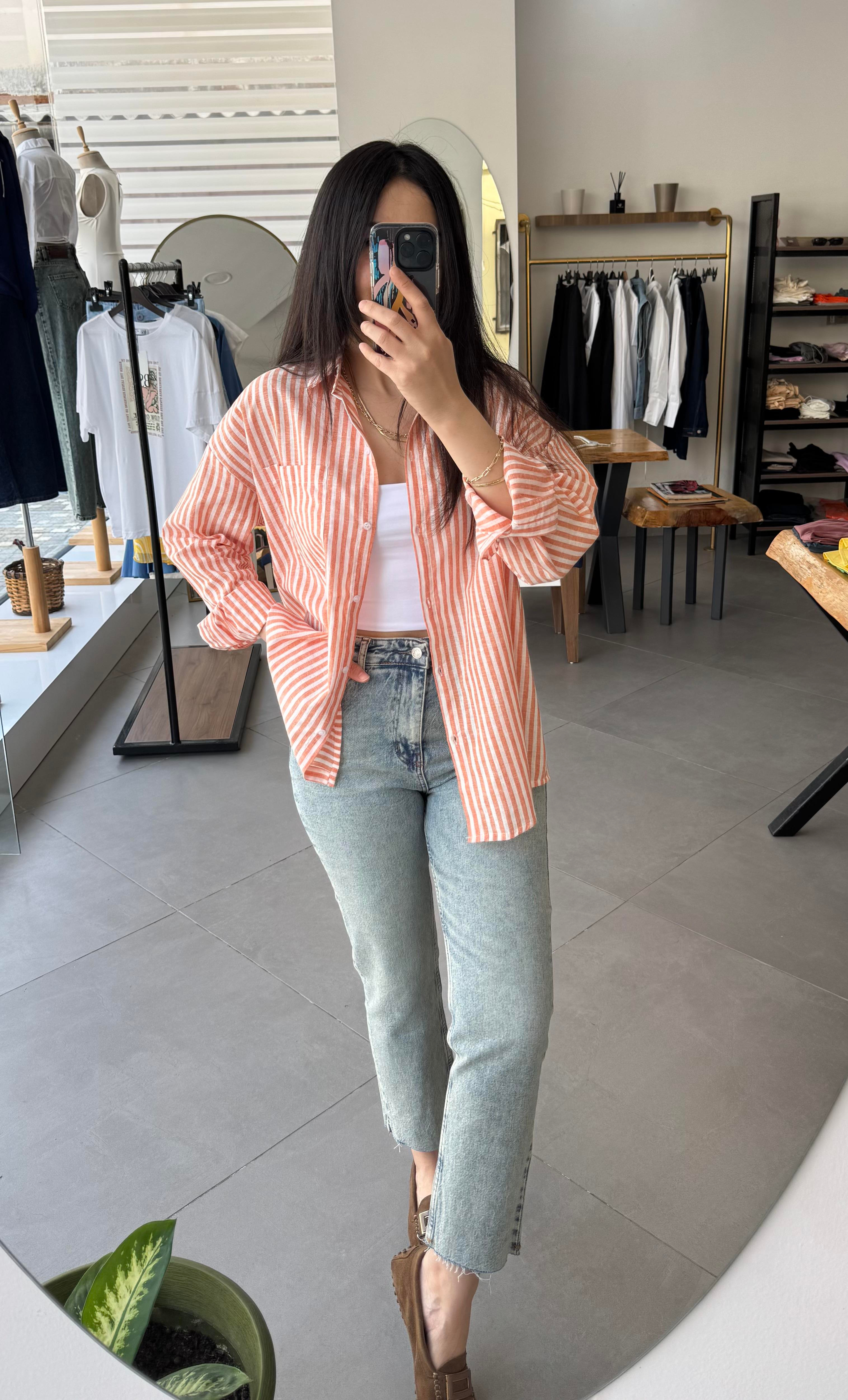 Keten Çizgili Oversize Oranj Gömlek