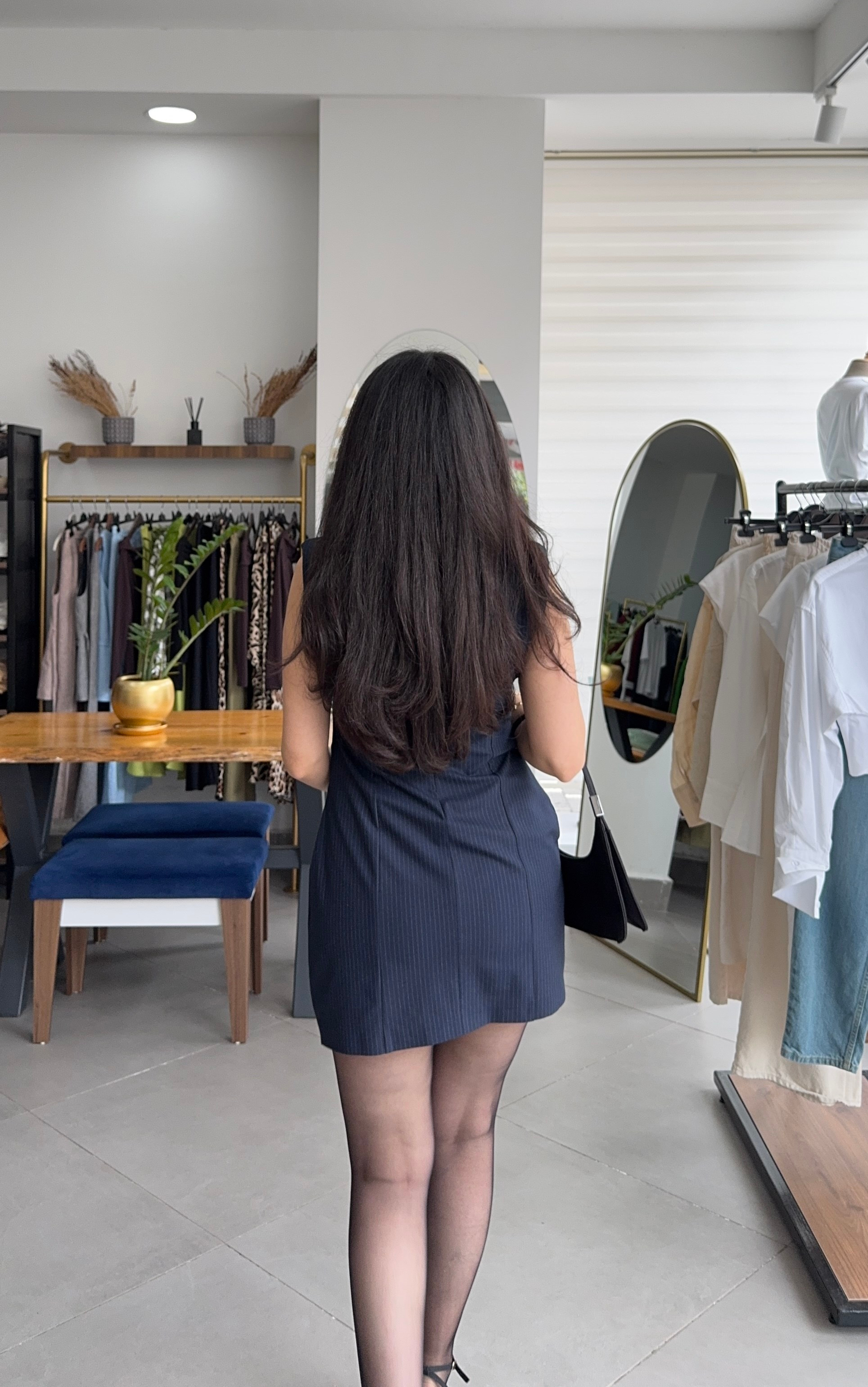 Lacivert Vatkalı Drape Detay Mini Elbise
