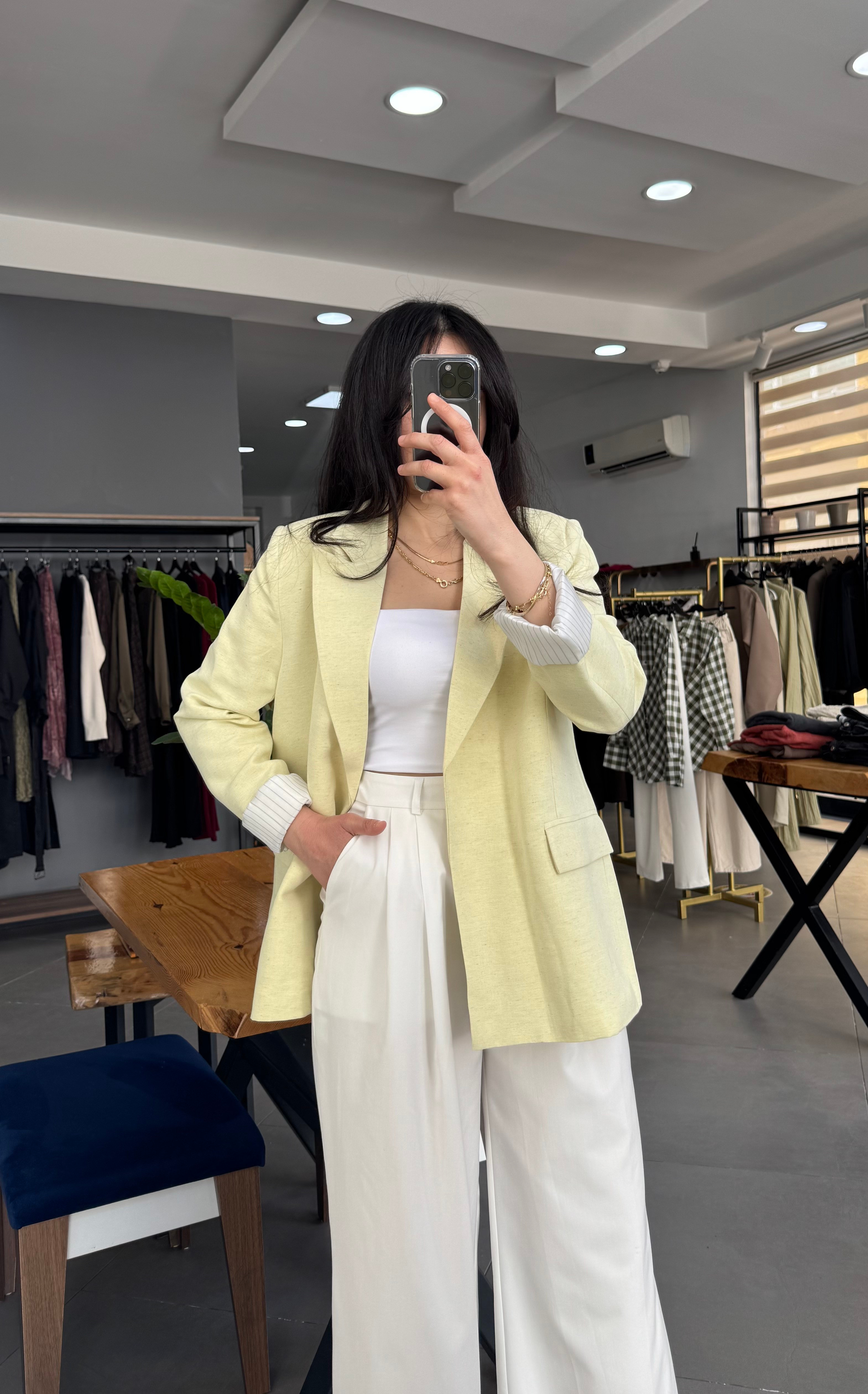 Limon Sarı Çizgili Astarlı Keten Ceket
