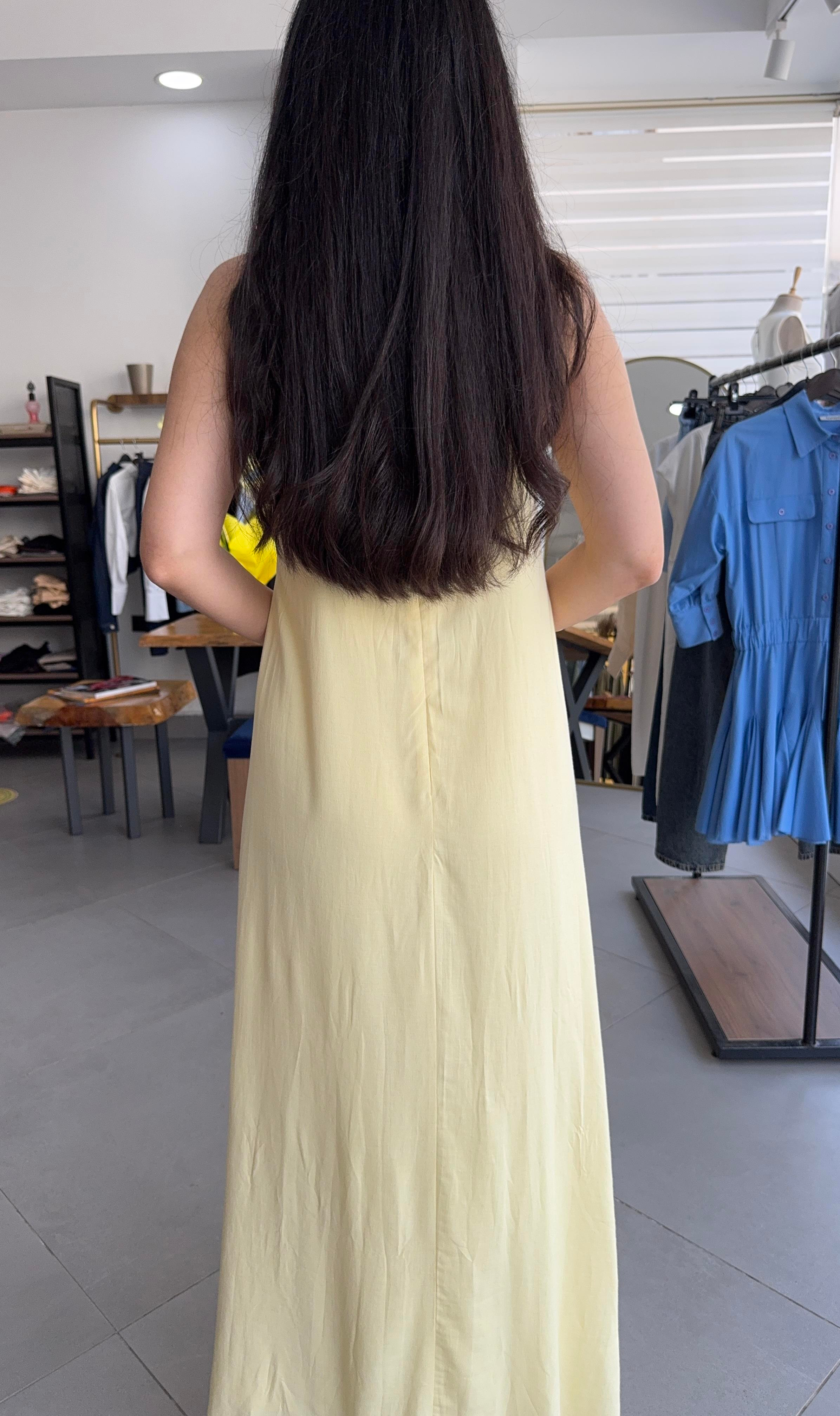 Limon Sarı İp Askılı Astarlı Keten Maksi Elbise