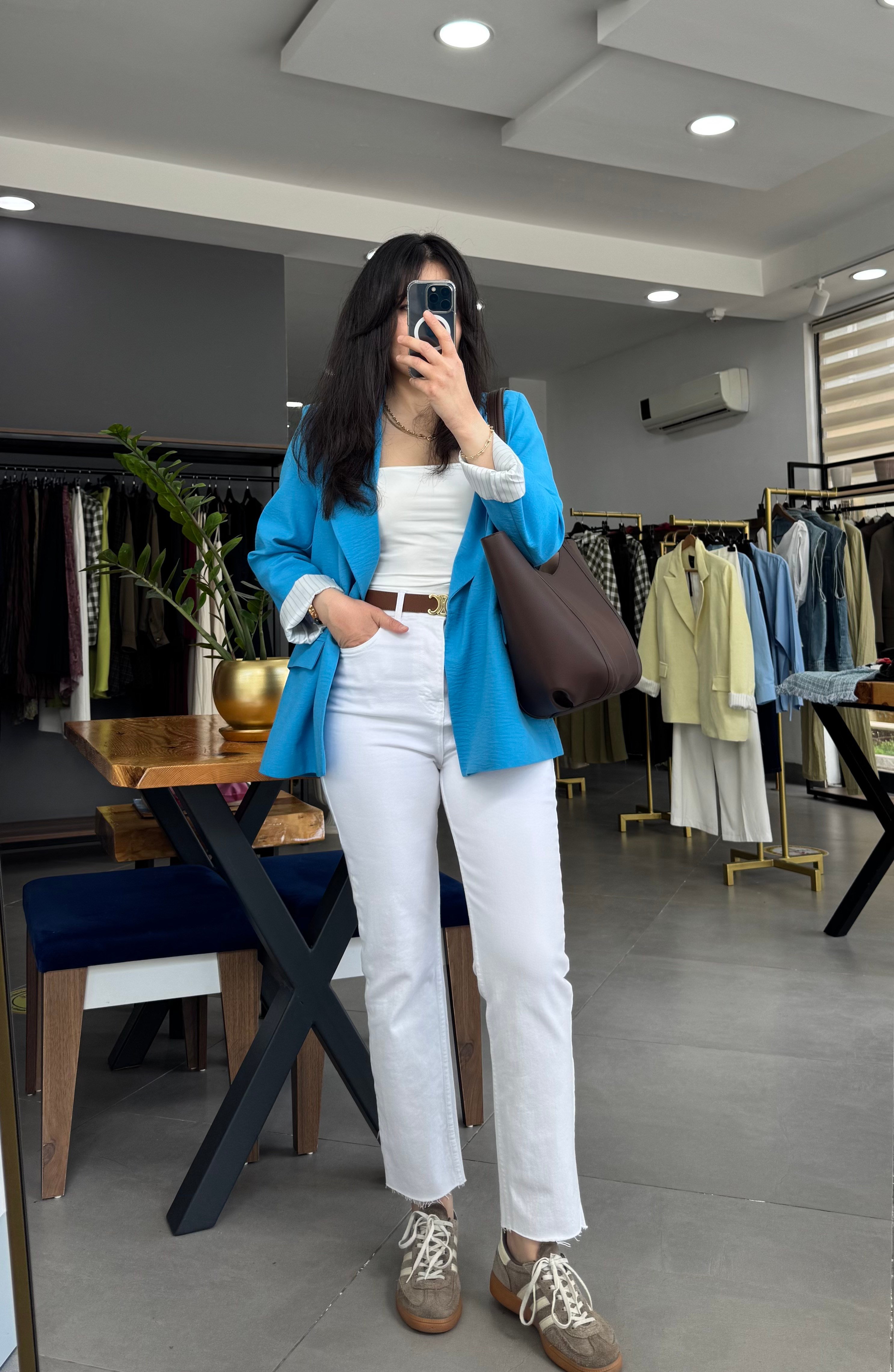 Mavi Çizgili Astarlı Blazer Ceket
