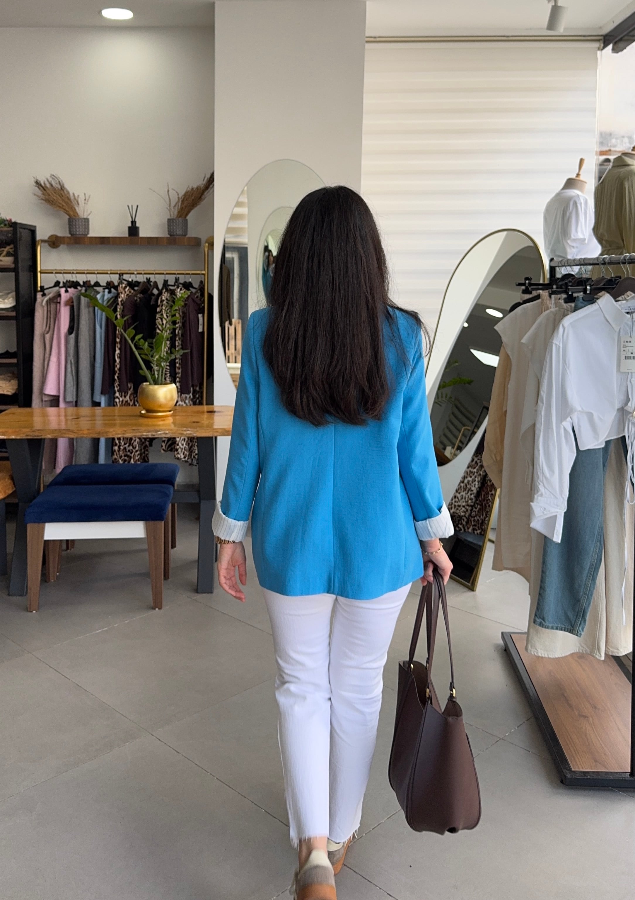 Mavi Çizgili Astarlı Blazer Ceket