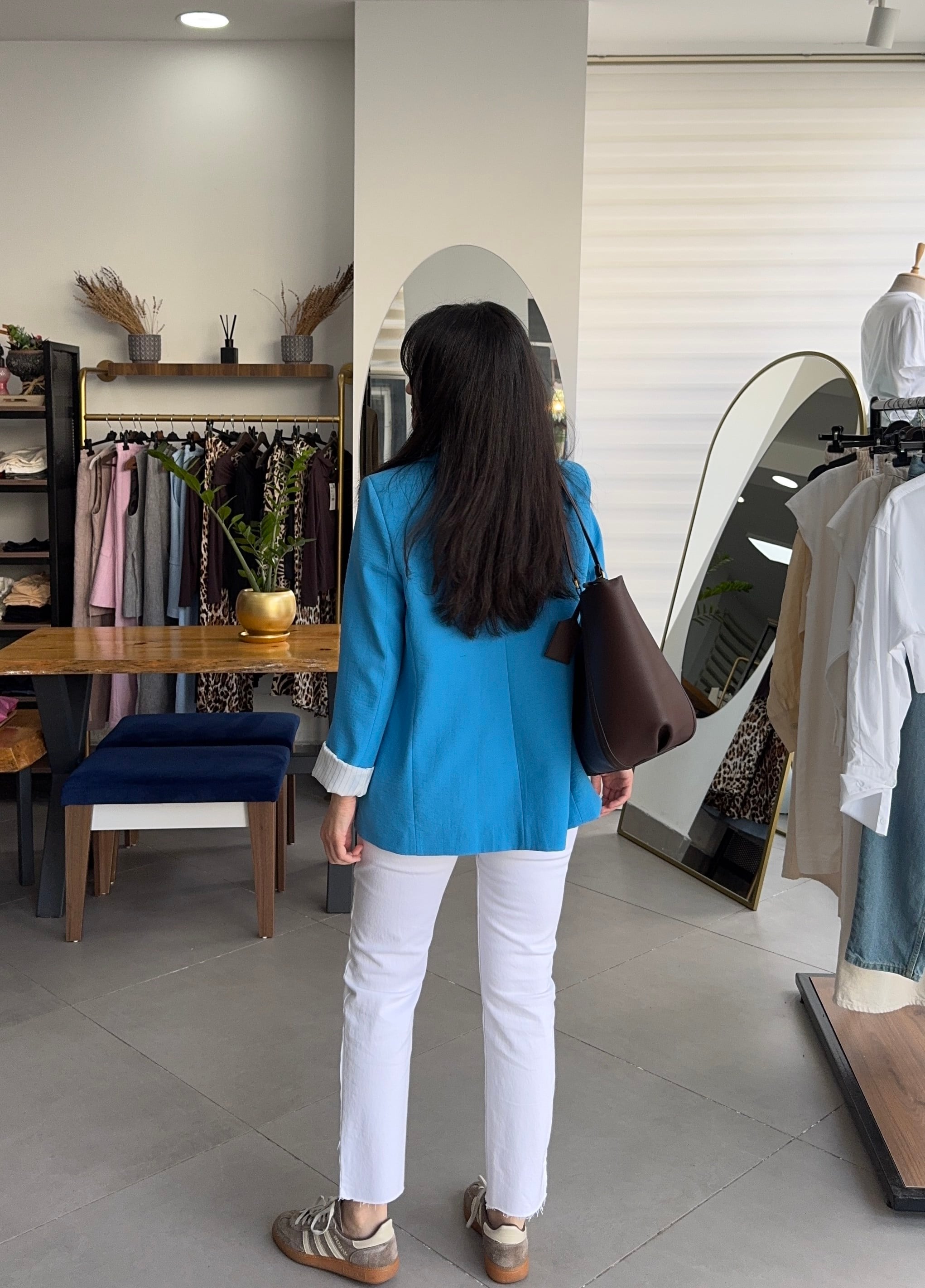 Mavi Çizgili Astarlı Blazer Ceket