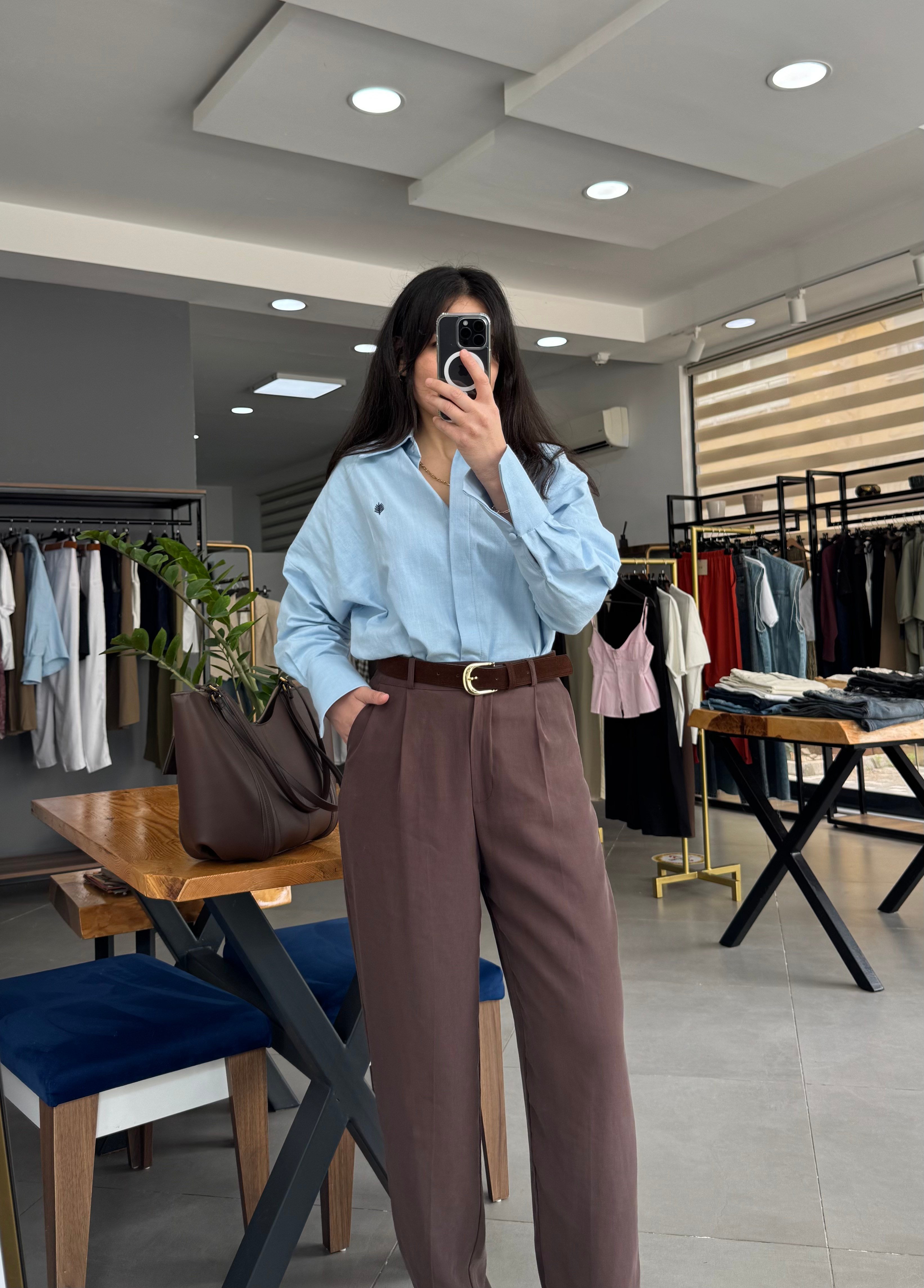 Mavi Keten Oversize Gömlek 