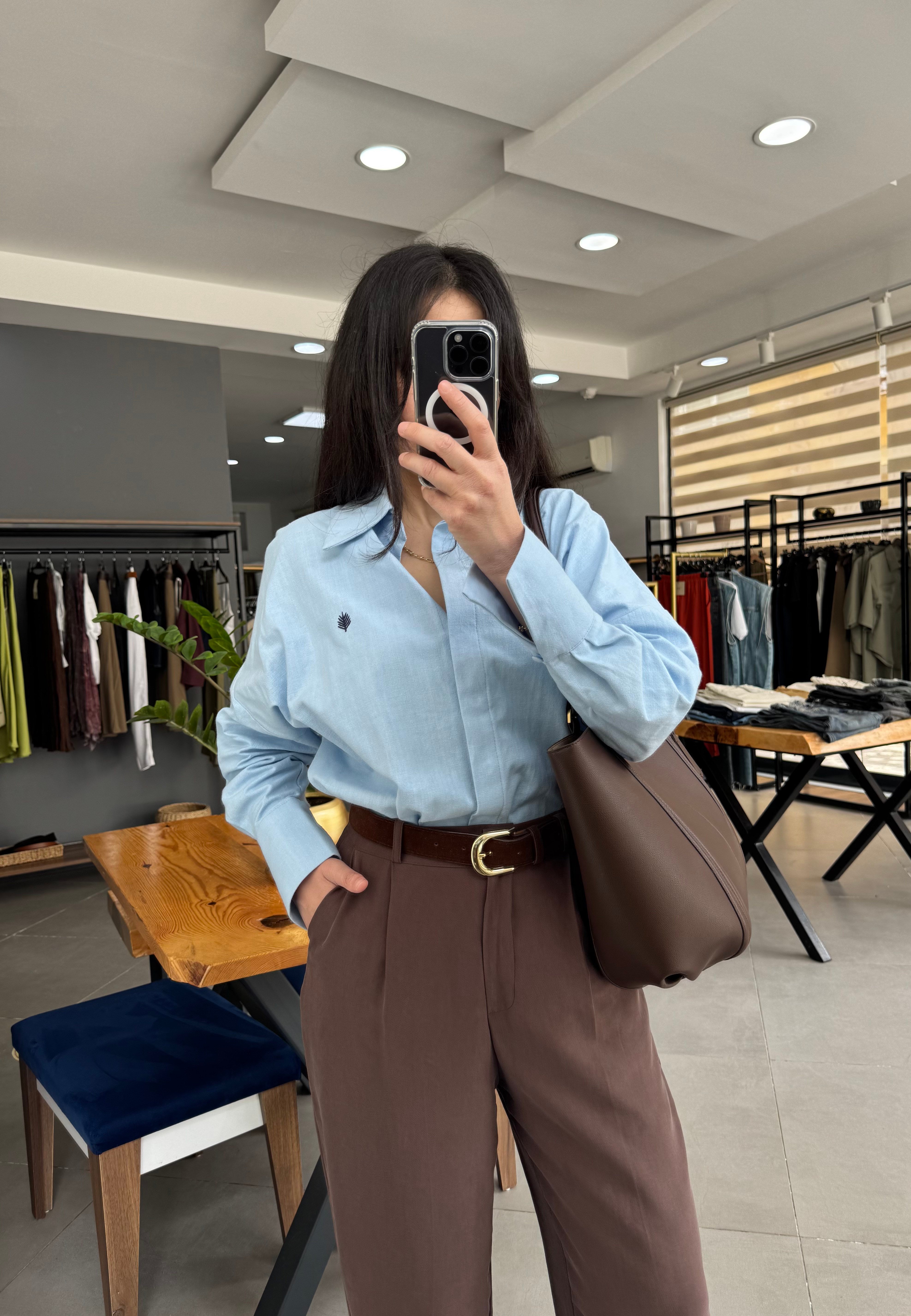 Mavi Keten Oversize Gömlek 