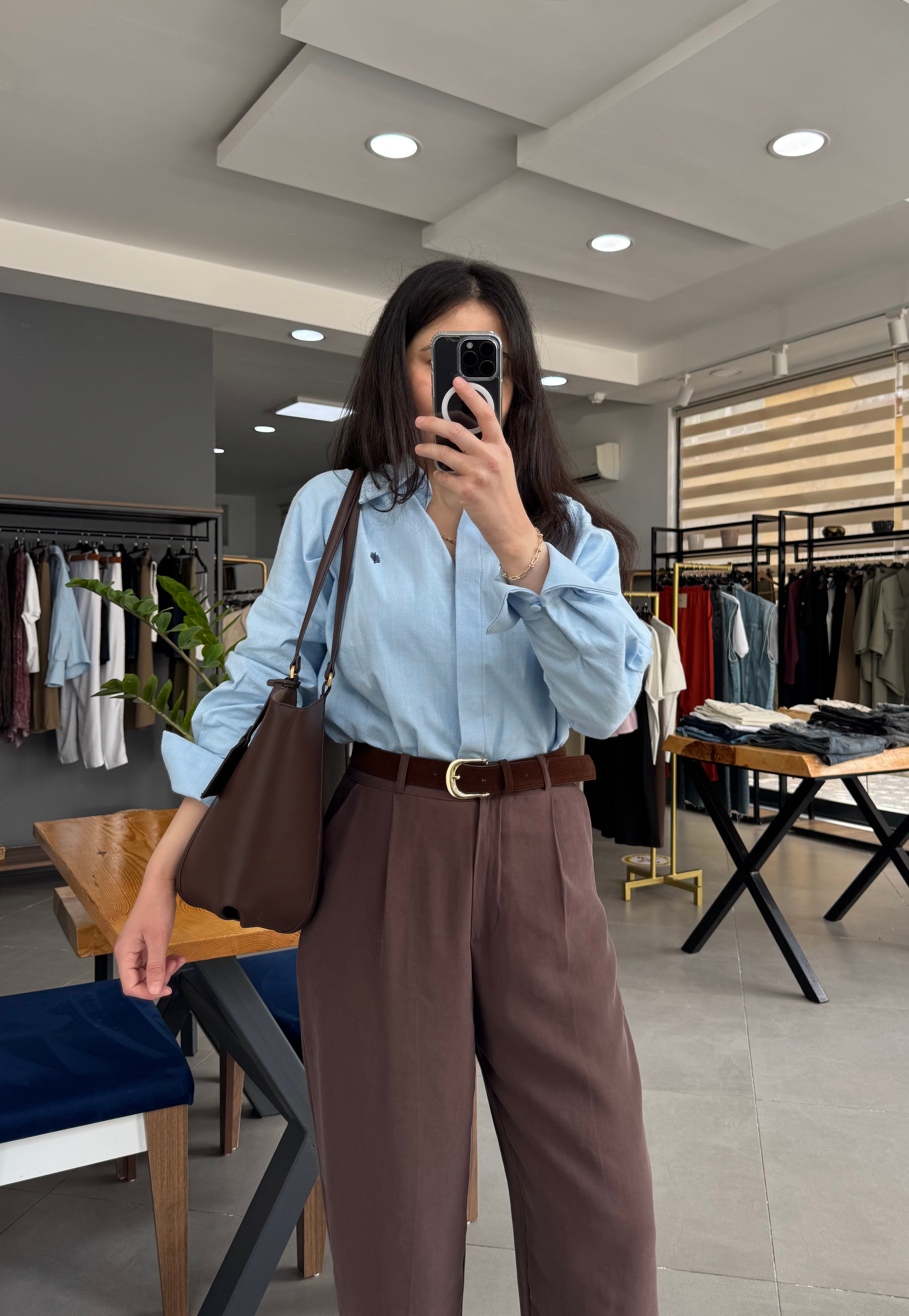 Mavi Keten Oversize Gömlek 