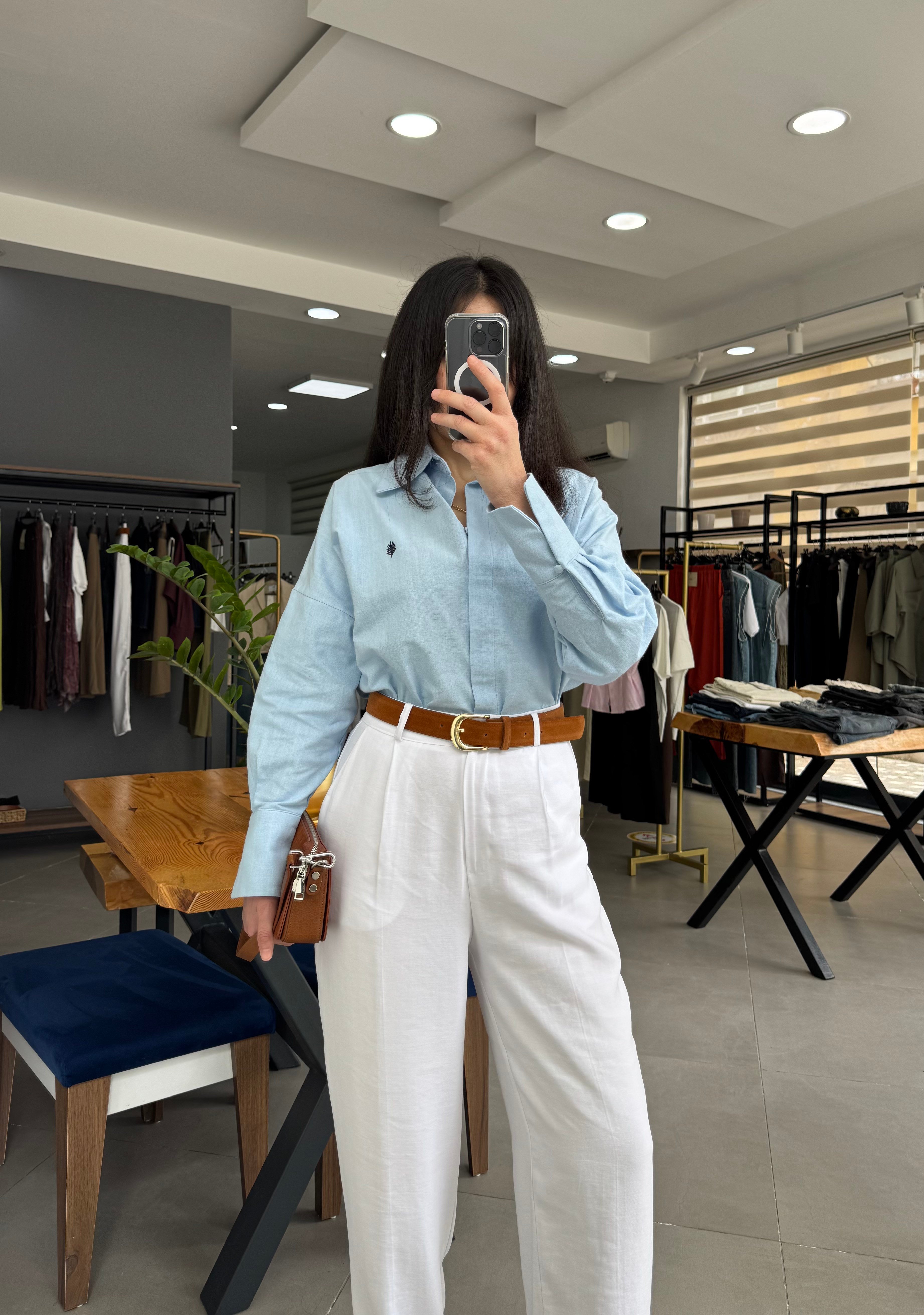 Mavi Keten Oversize Gömlek 