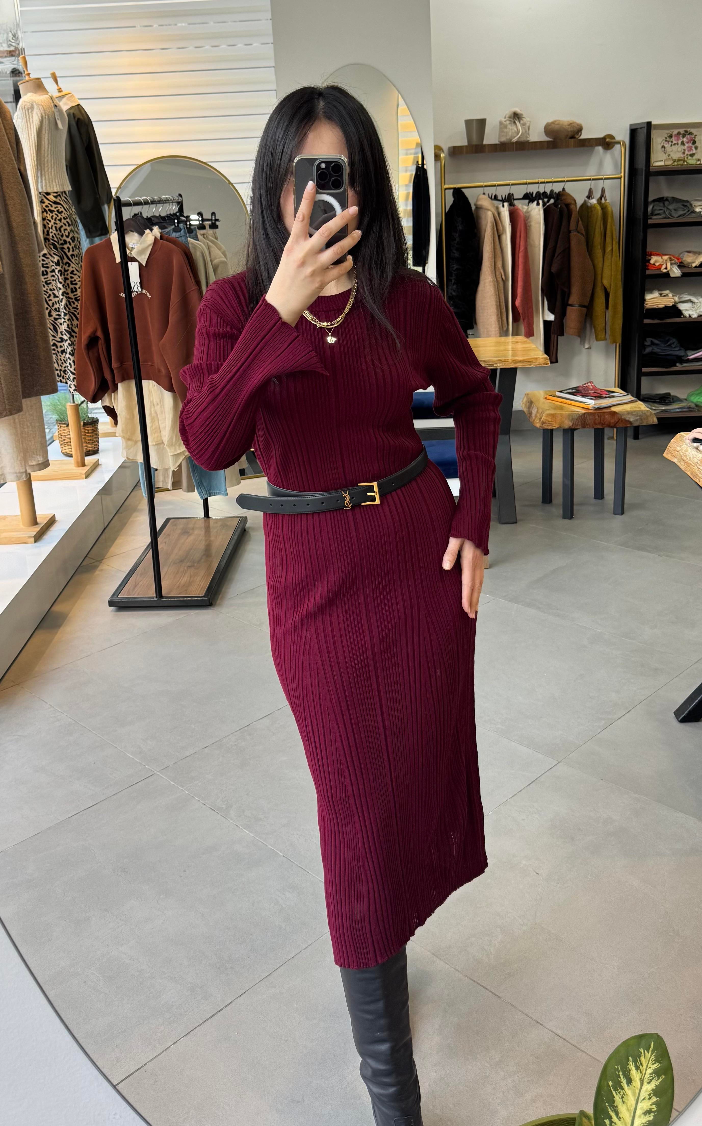 Midi Boy Triko Bordo Elbise
