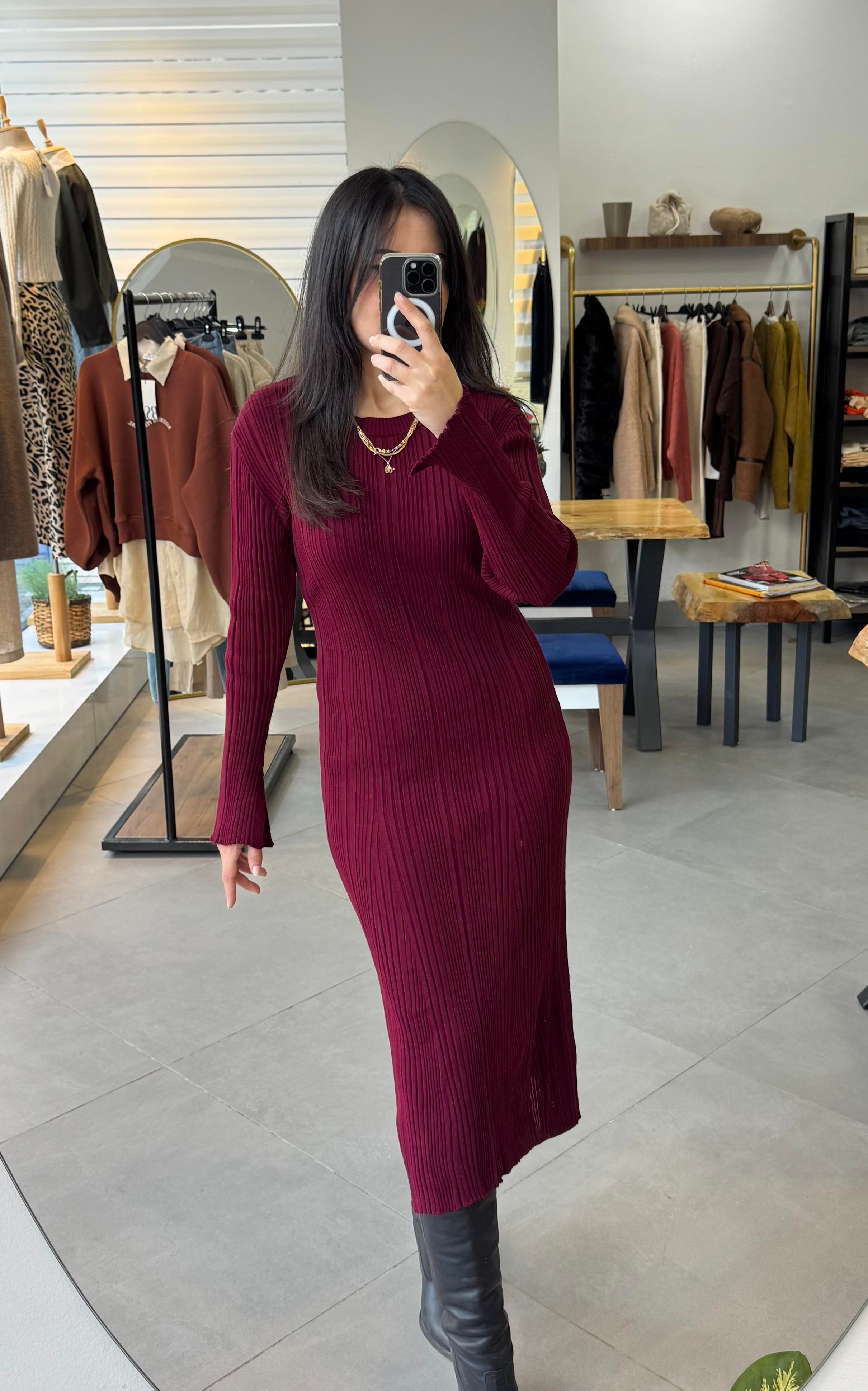 Midi Boy Triko Bordo Elbise