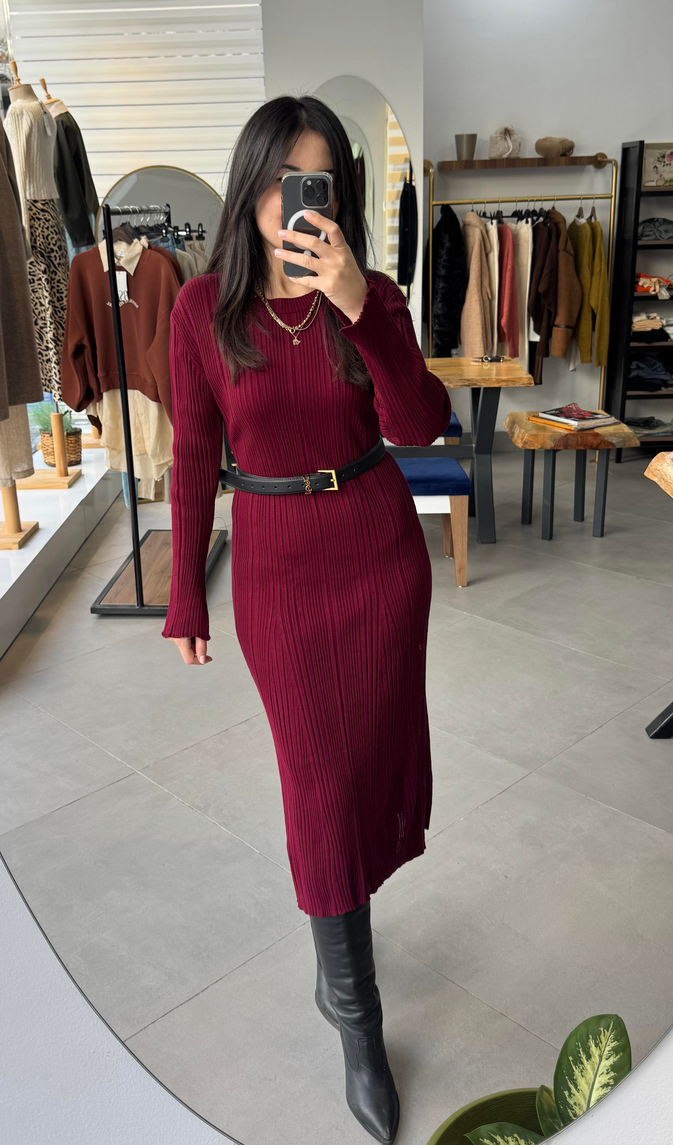 Midi Boy Triko Bordo Elbise