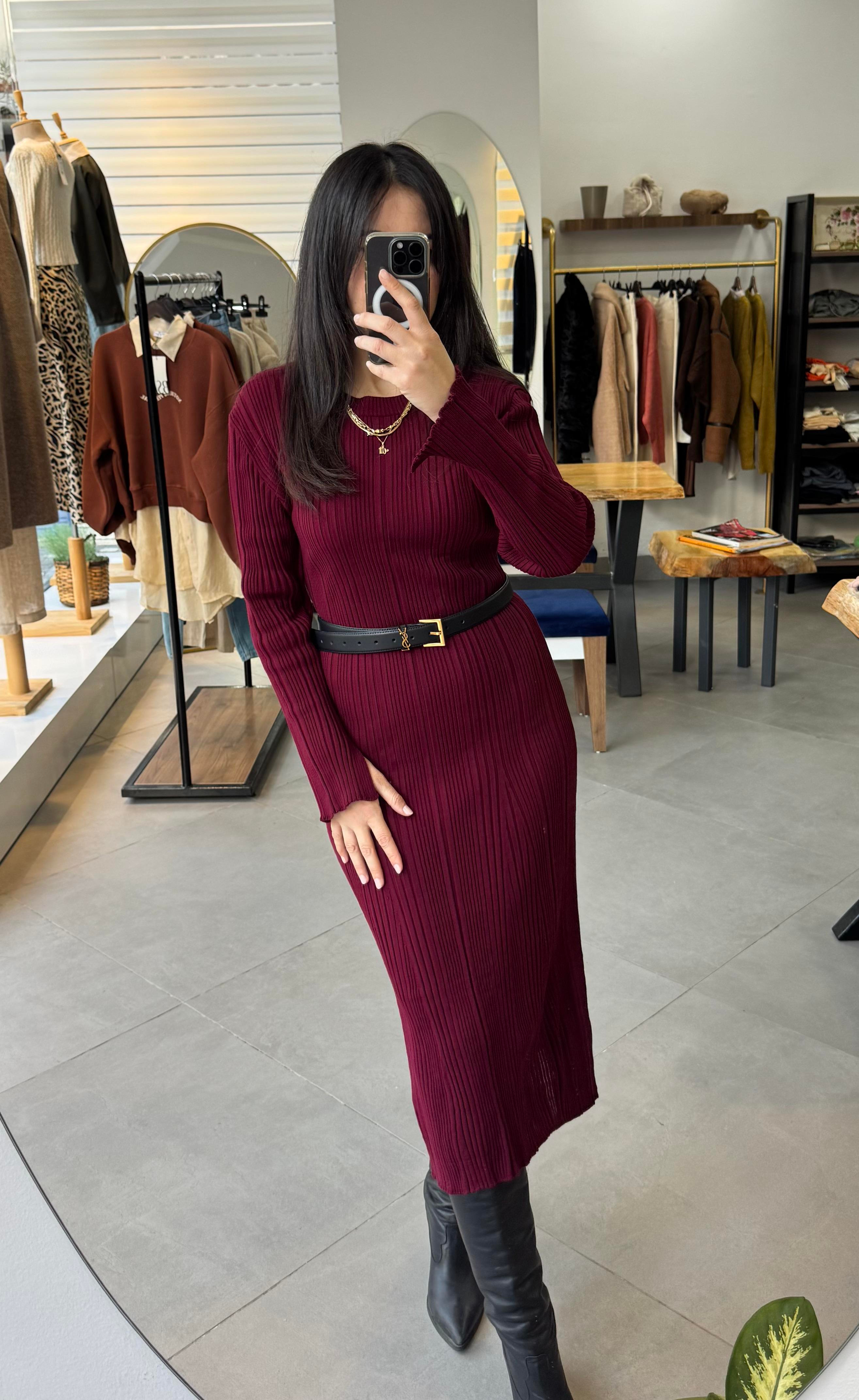 Midi Boy Triko Bordo Elbise