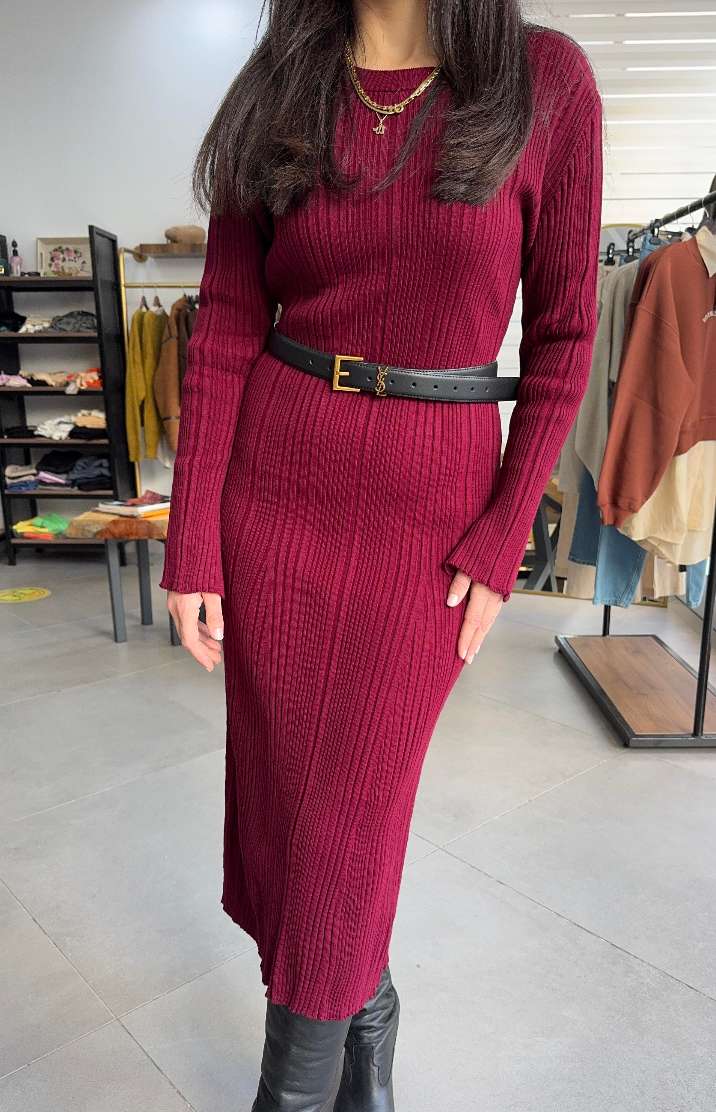 Midi Boy Triko Bordo Elbise