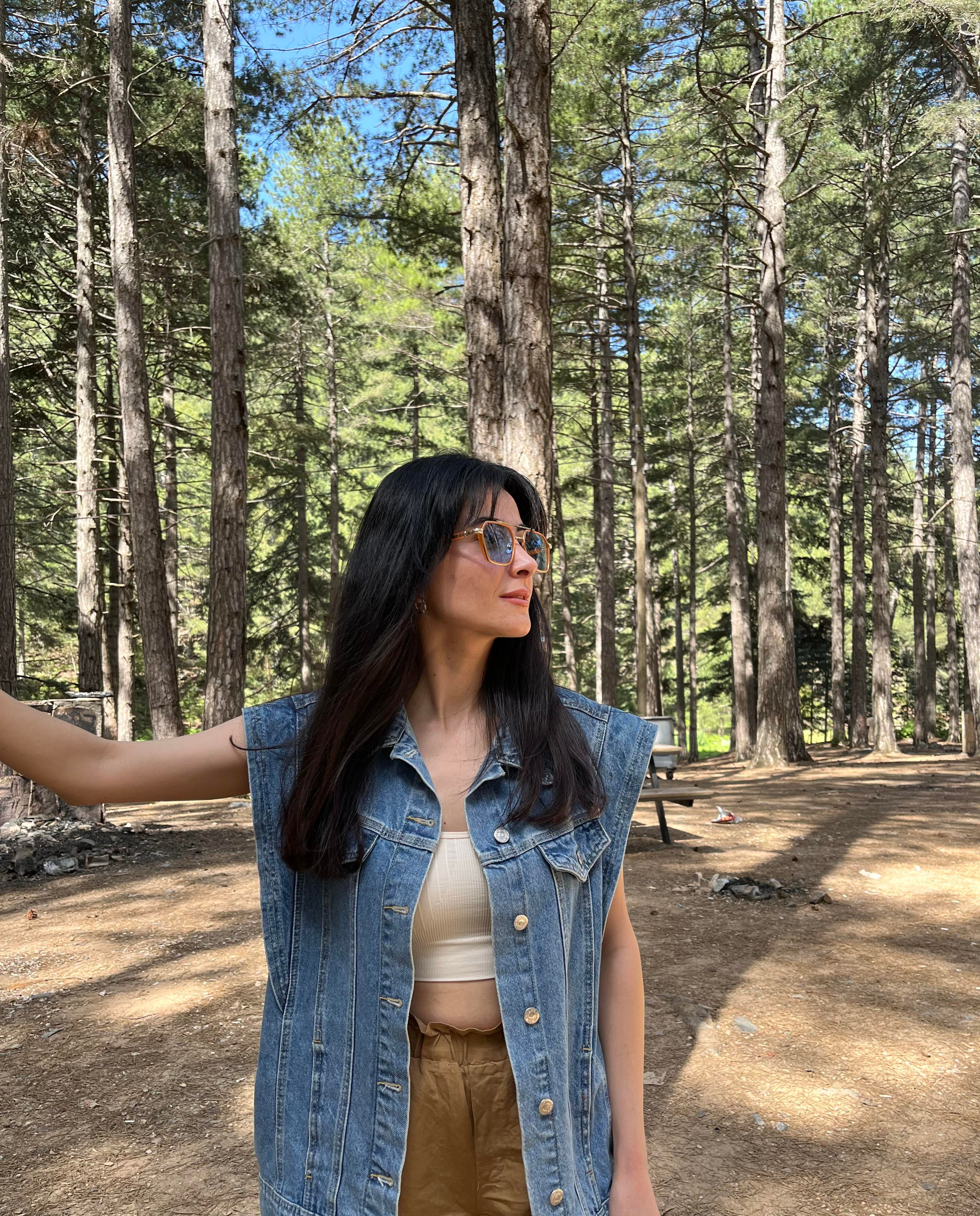 Omuz Detaylı Mavi Denim Yelek
