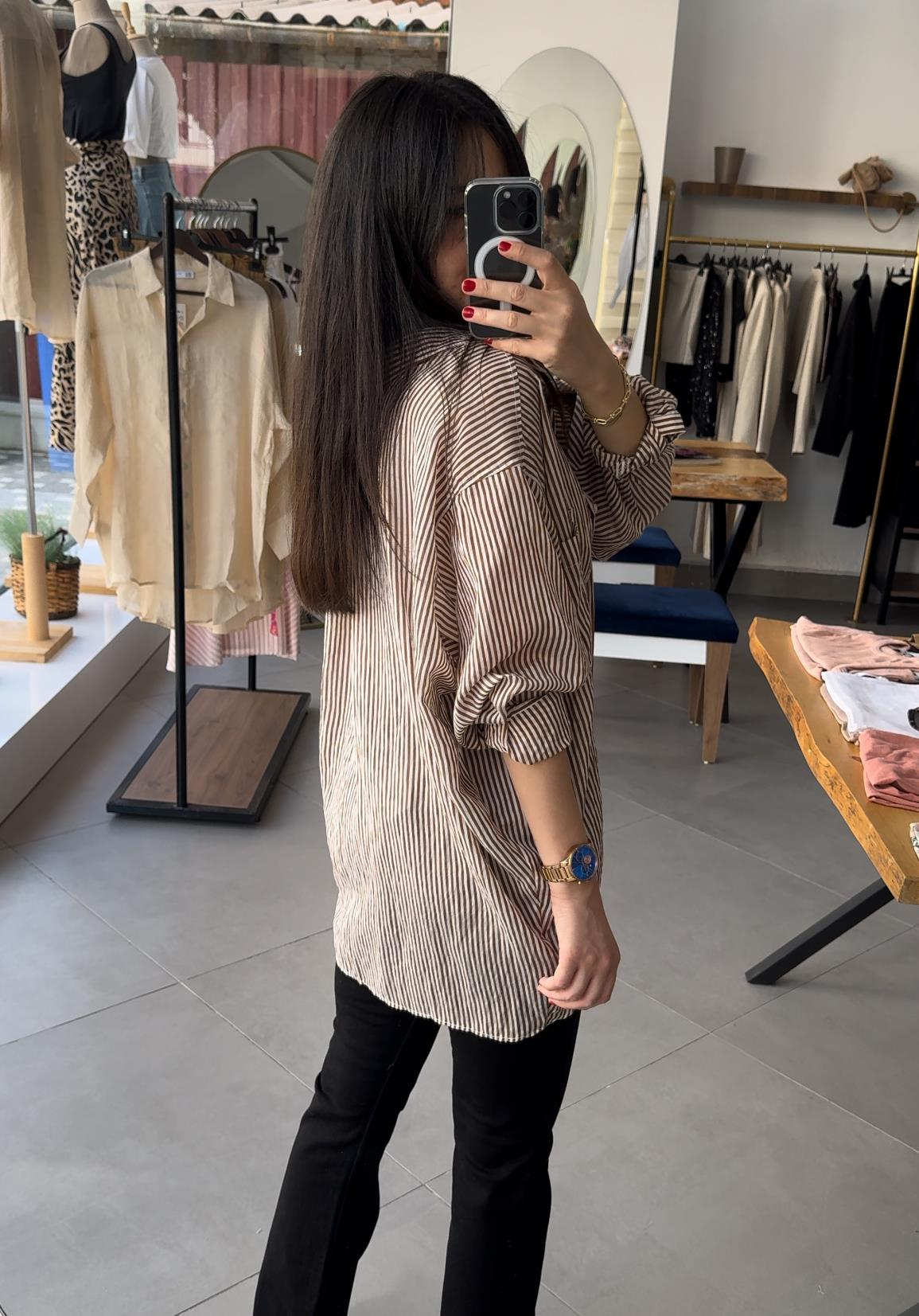 Oversize Cepli Çizgili Kahve Gömlek