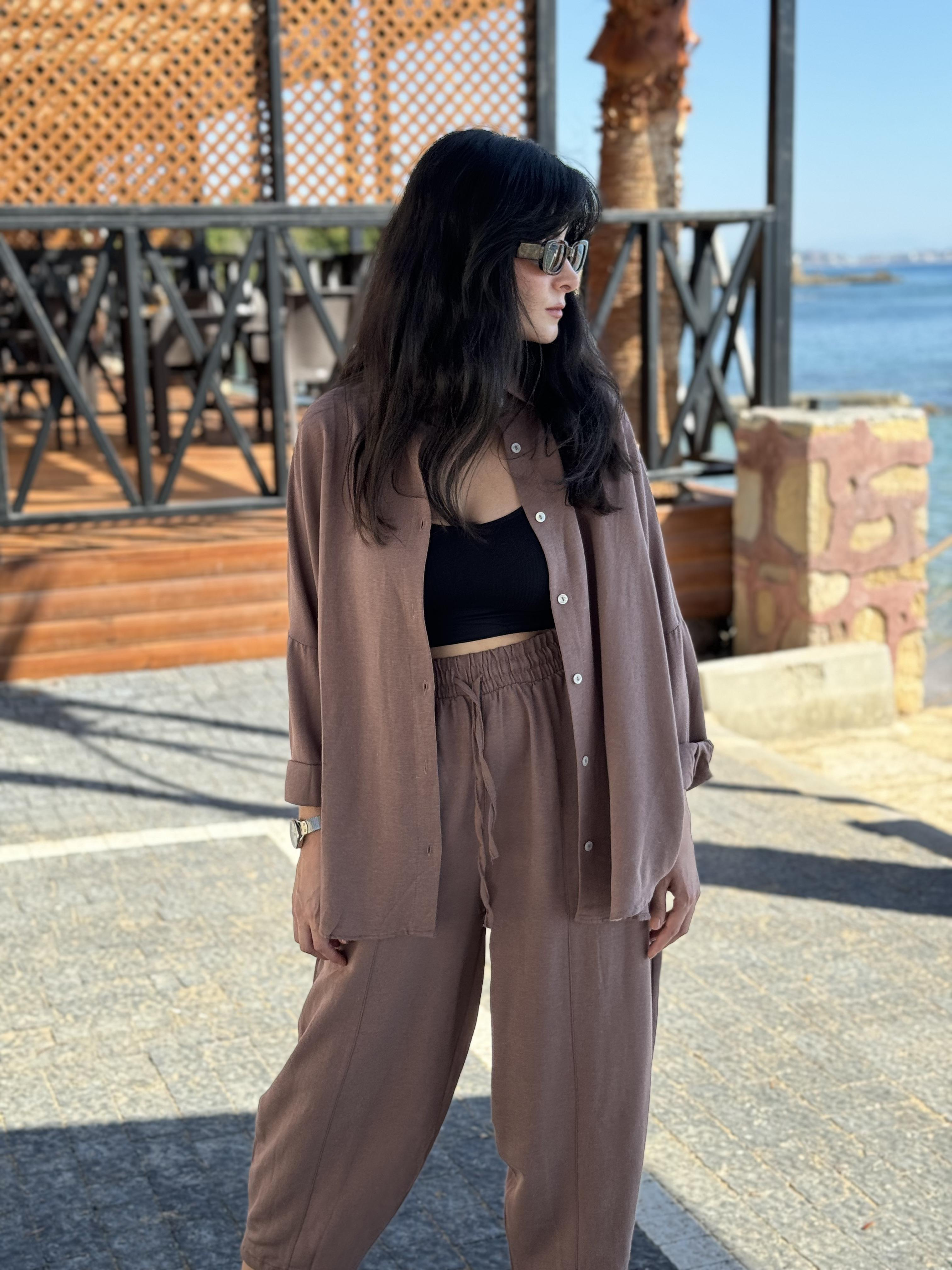 Oversize Gömlek Havuç Kesim Pantolon Vizon Takım
