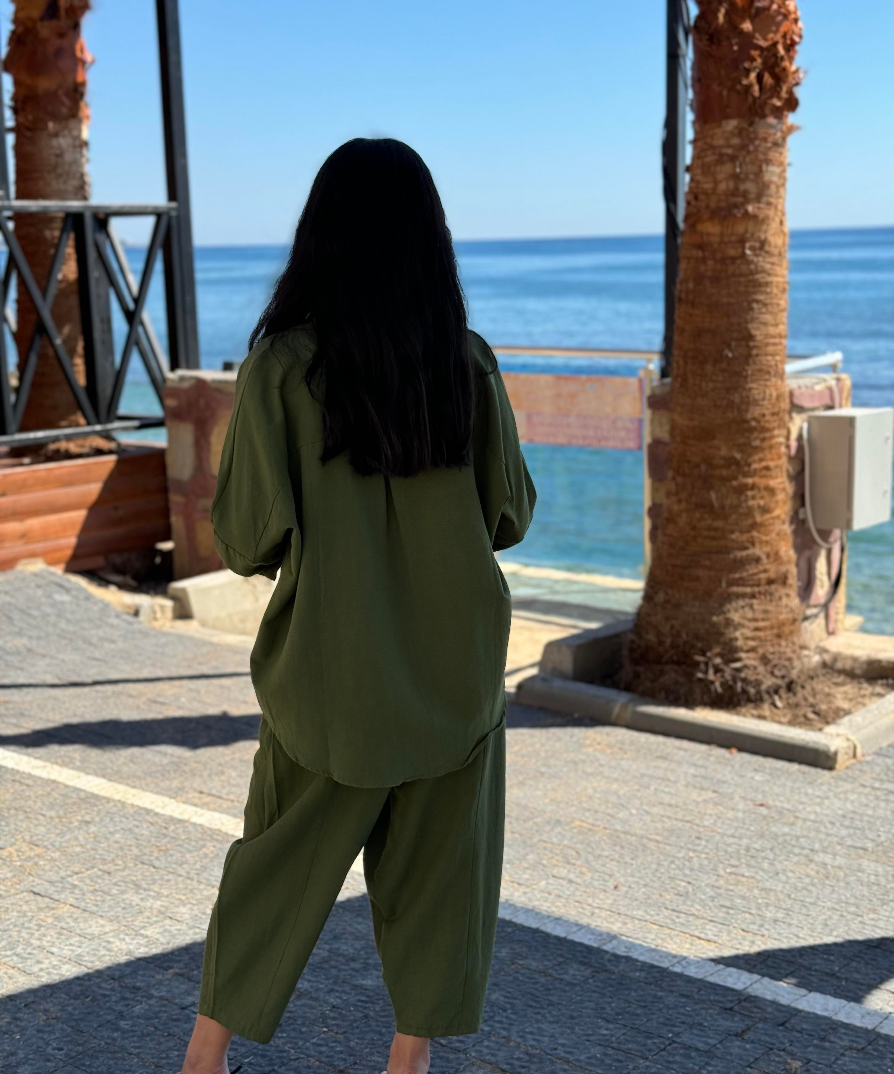 Oversize Gömlek Havuç Kesim Pantolon Yeşil Takım