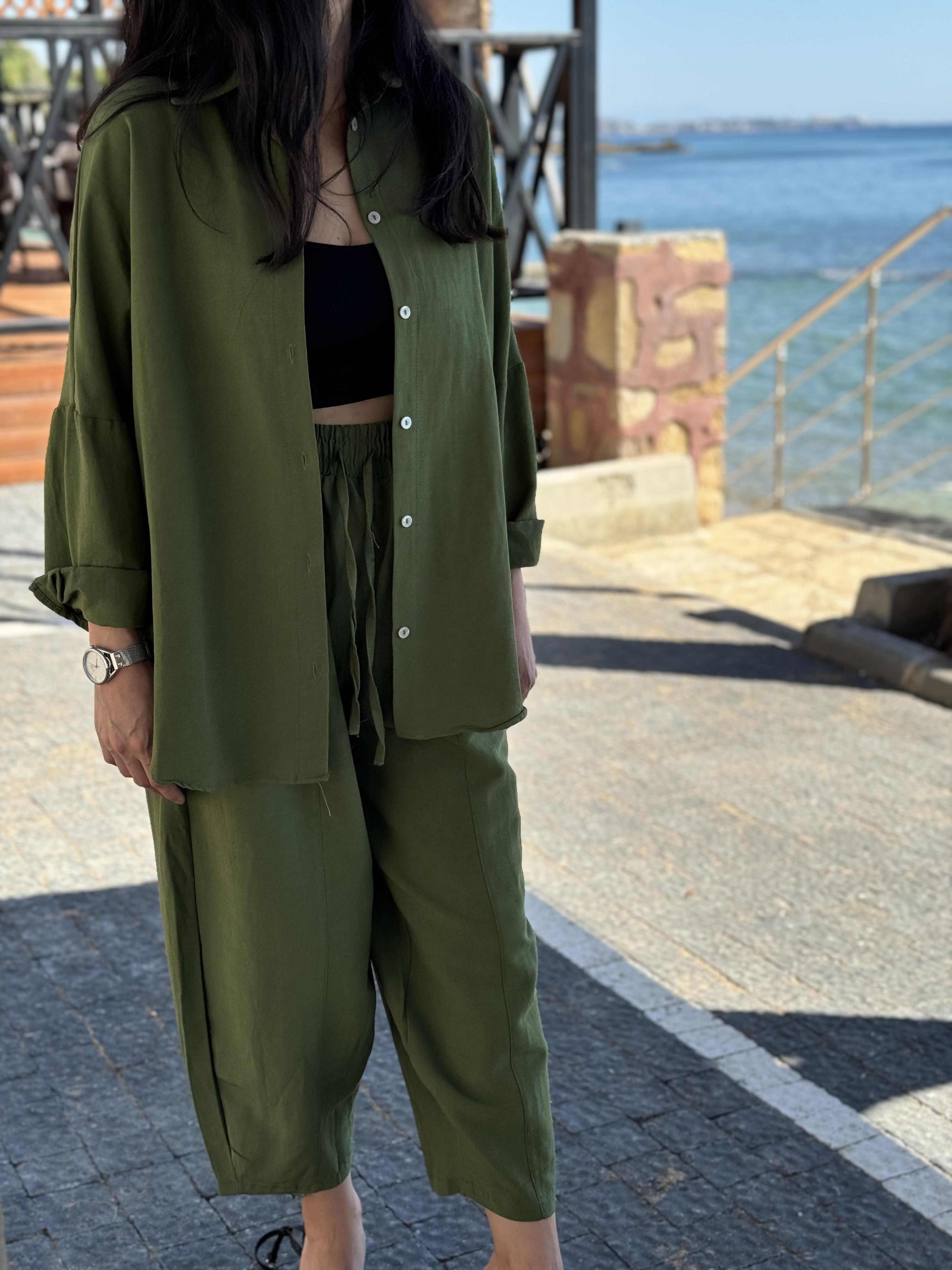 Oversize Gömlek Havuç Kesim Pantolon Yeşil Takım