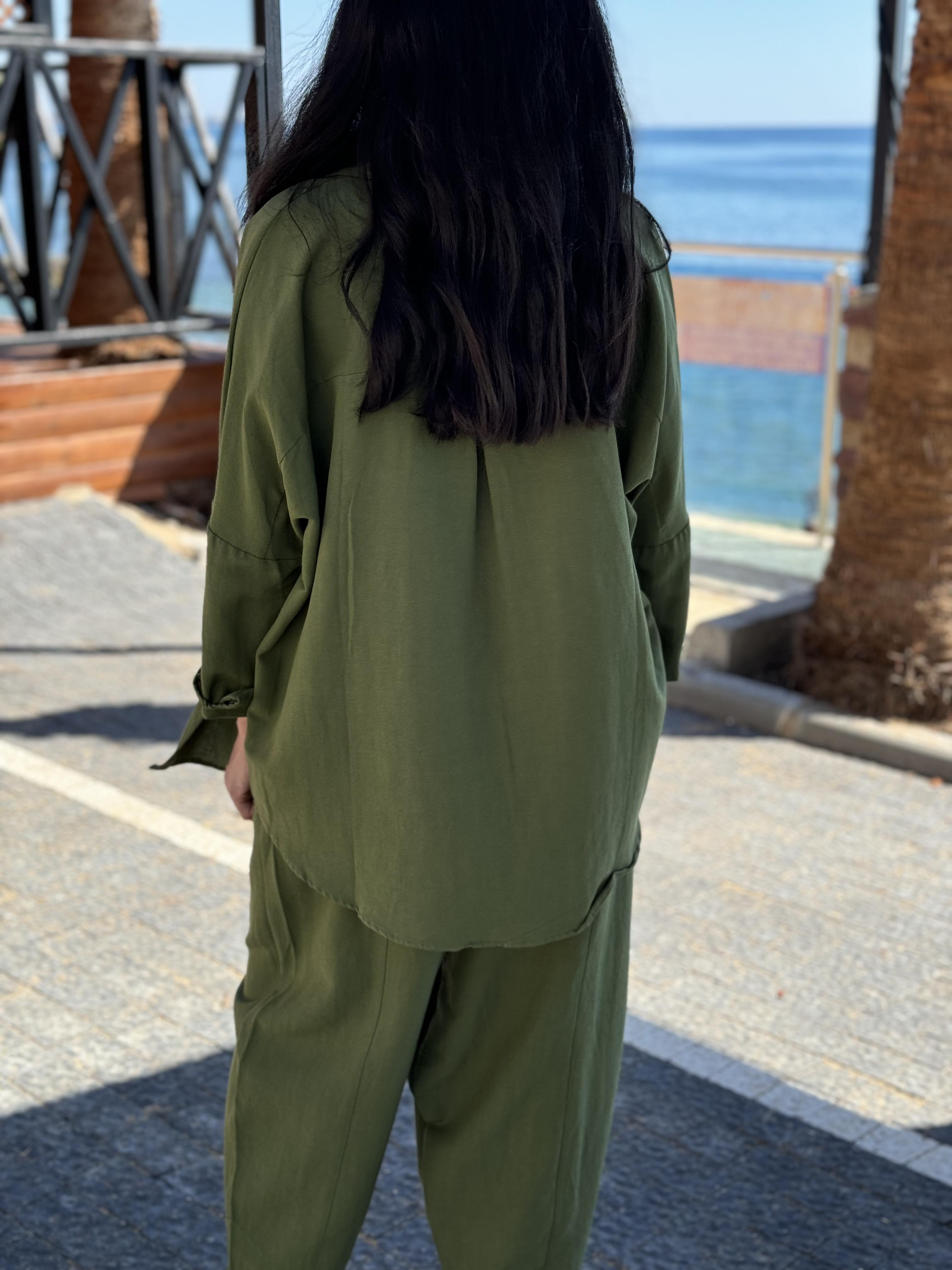 Oversize Gömlek Havuç Kesim Pantolon Yeşil Takım