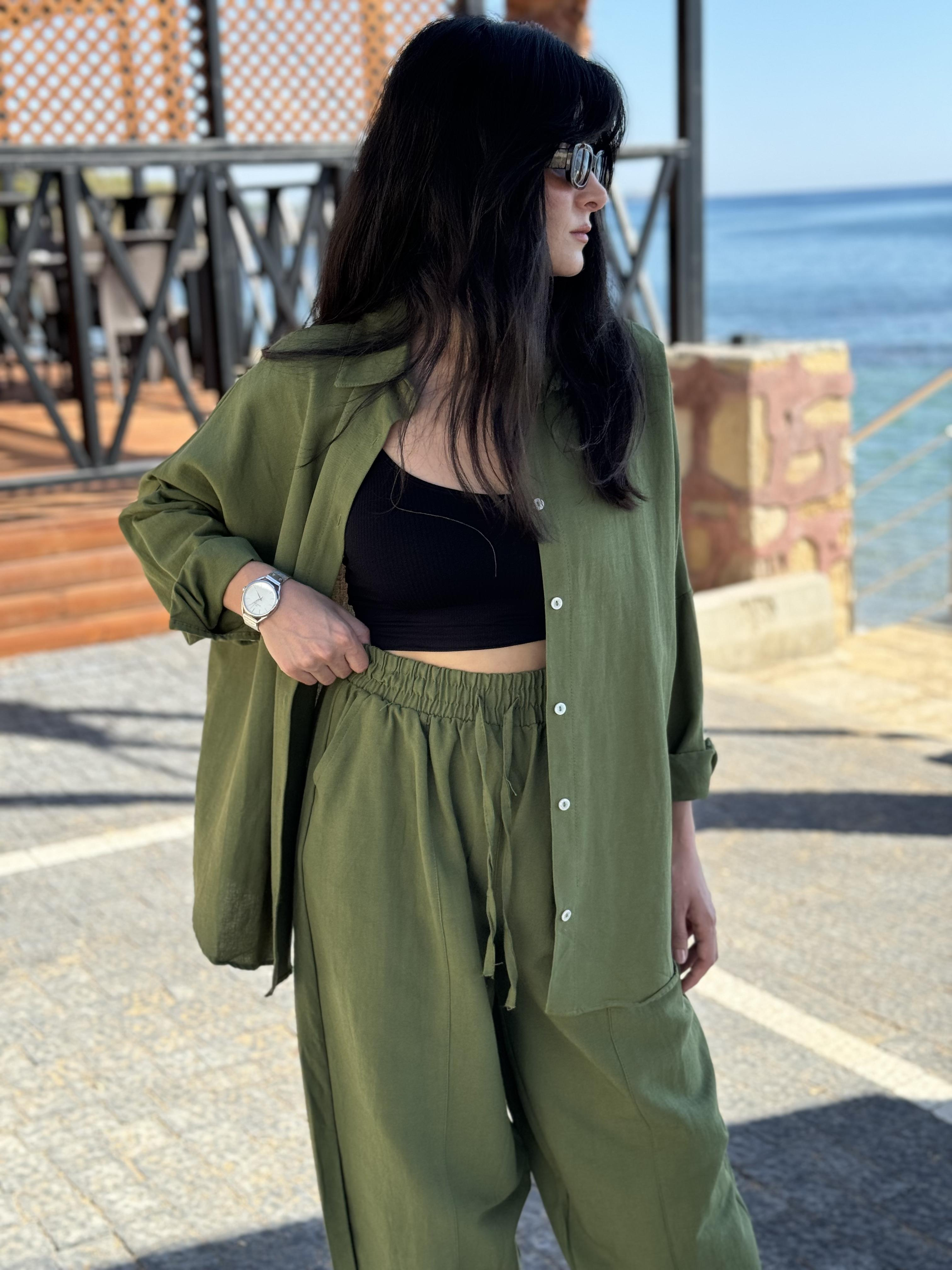 Oversize Gömlek Havuç Kesim Pantolon Yeşil Takım
