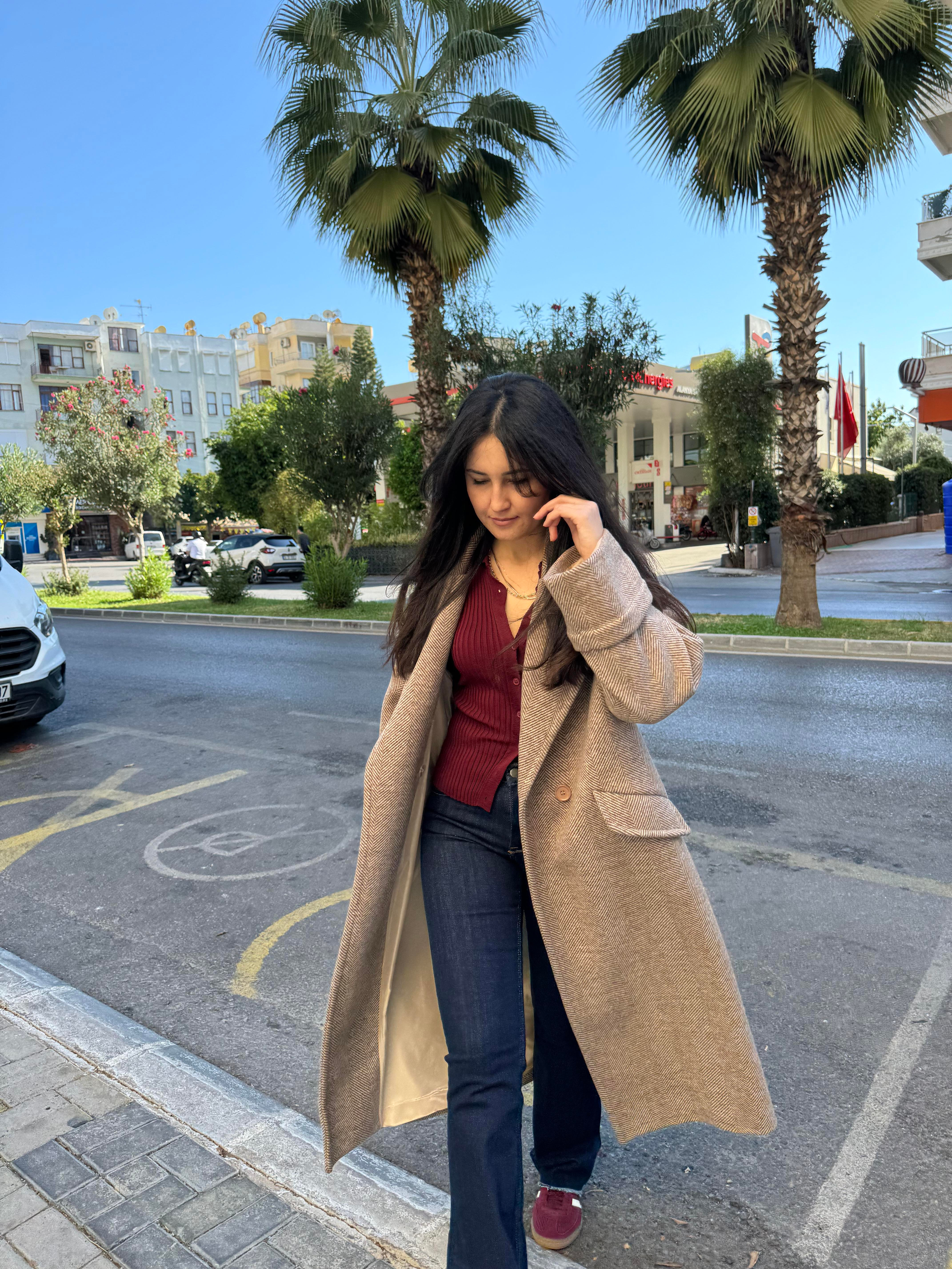 Oversize Kaşe Astarlı Kahve Kaban