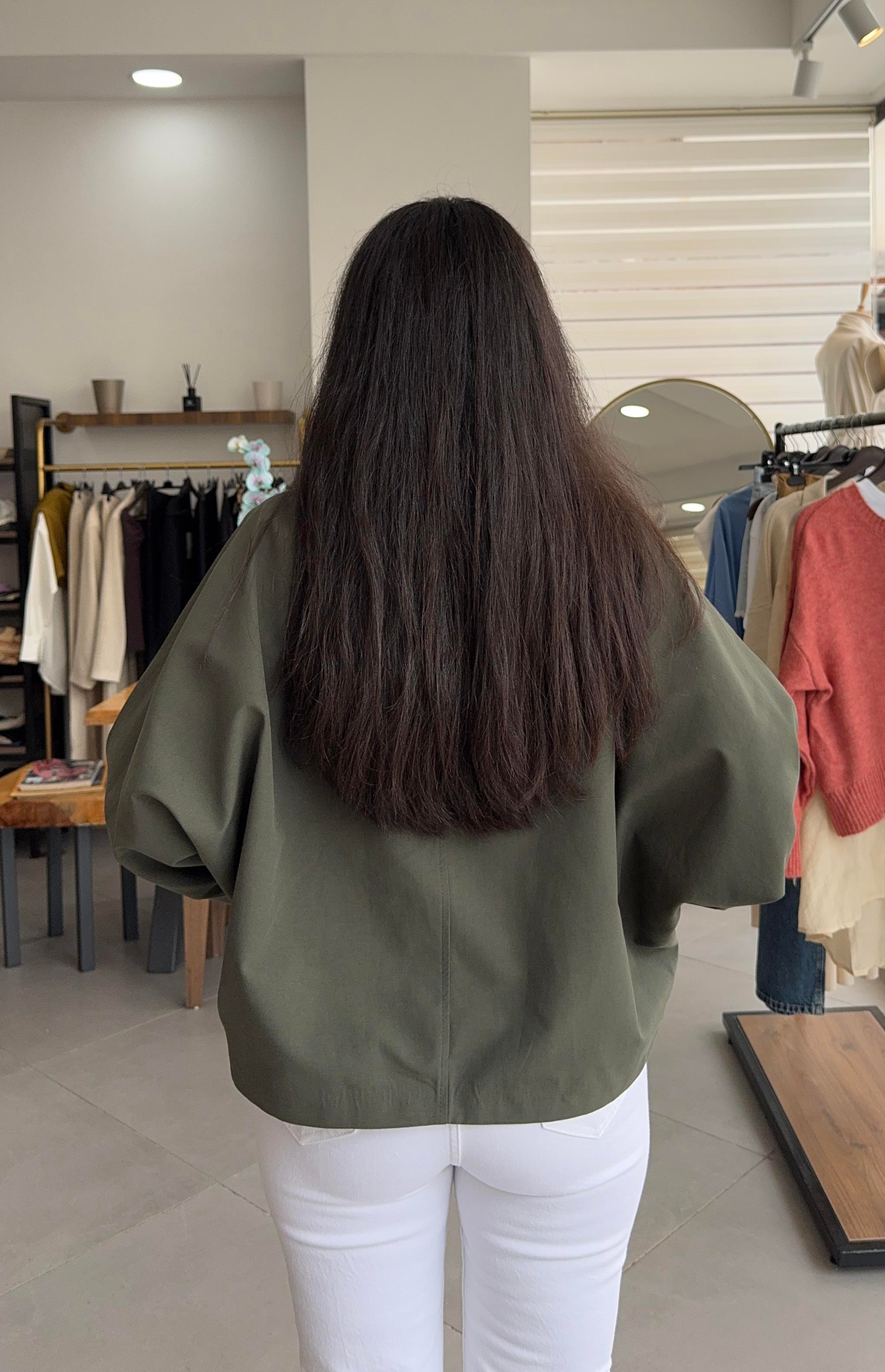 Oversize Yarasa Kol Ekose Astarlı Haki Trençkot