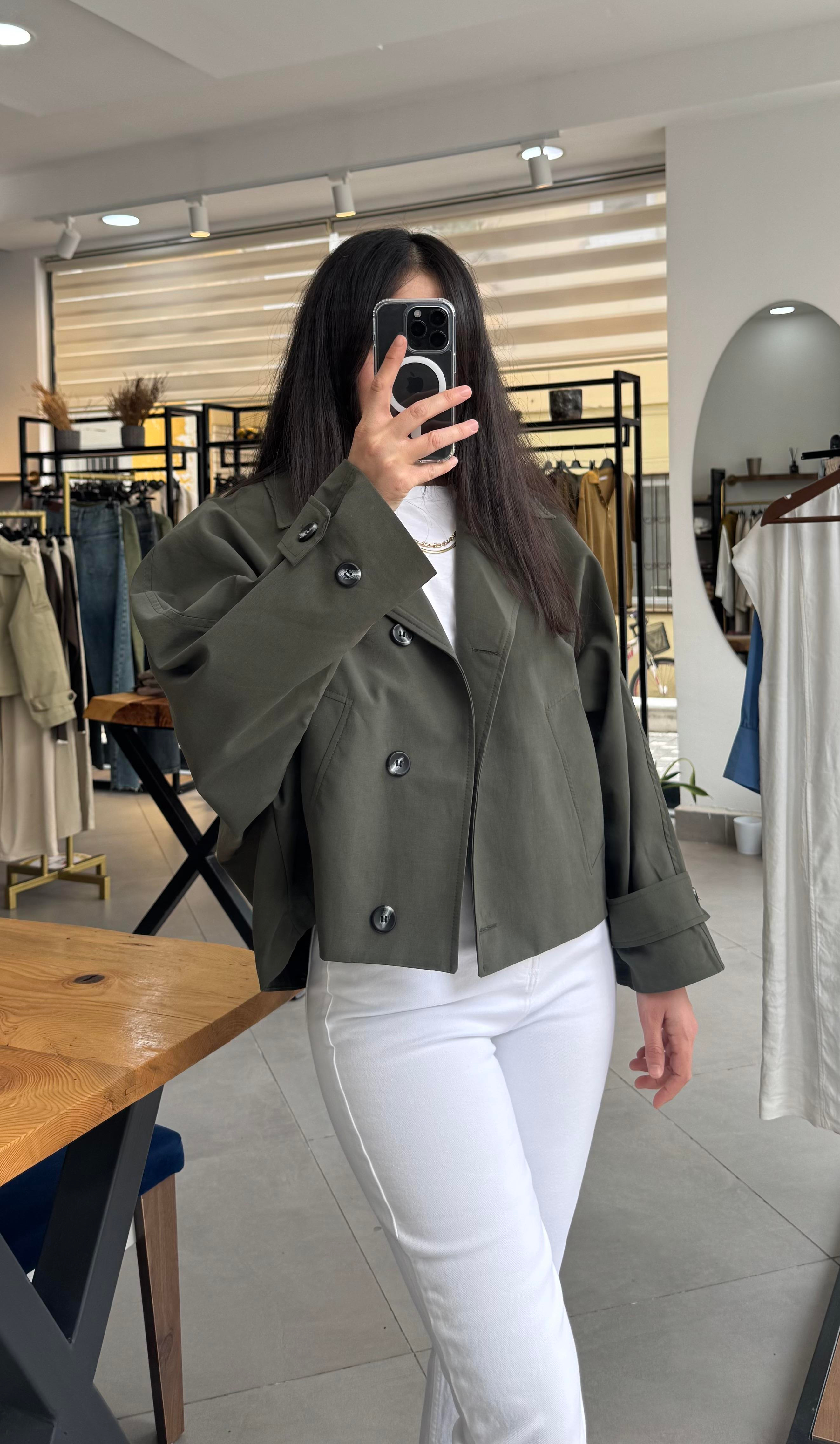 Oversize Yarasa Kol Ekose Astarlı Haki Trençkot