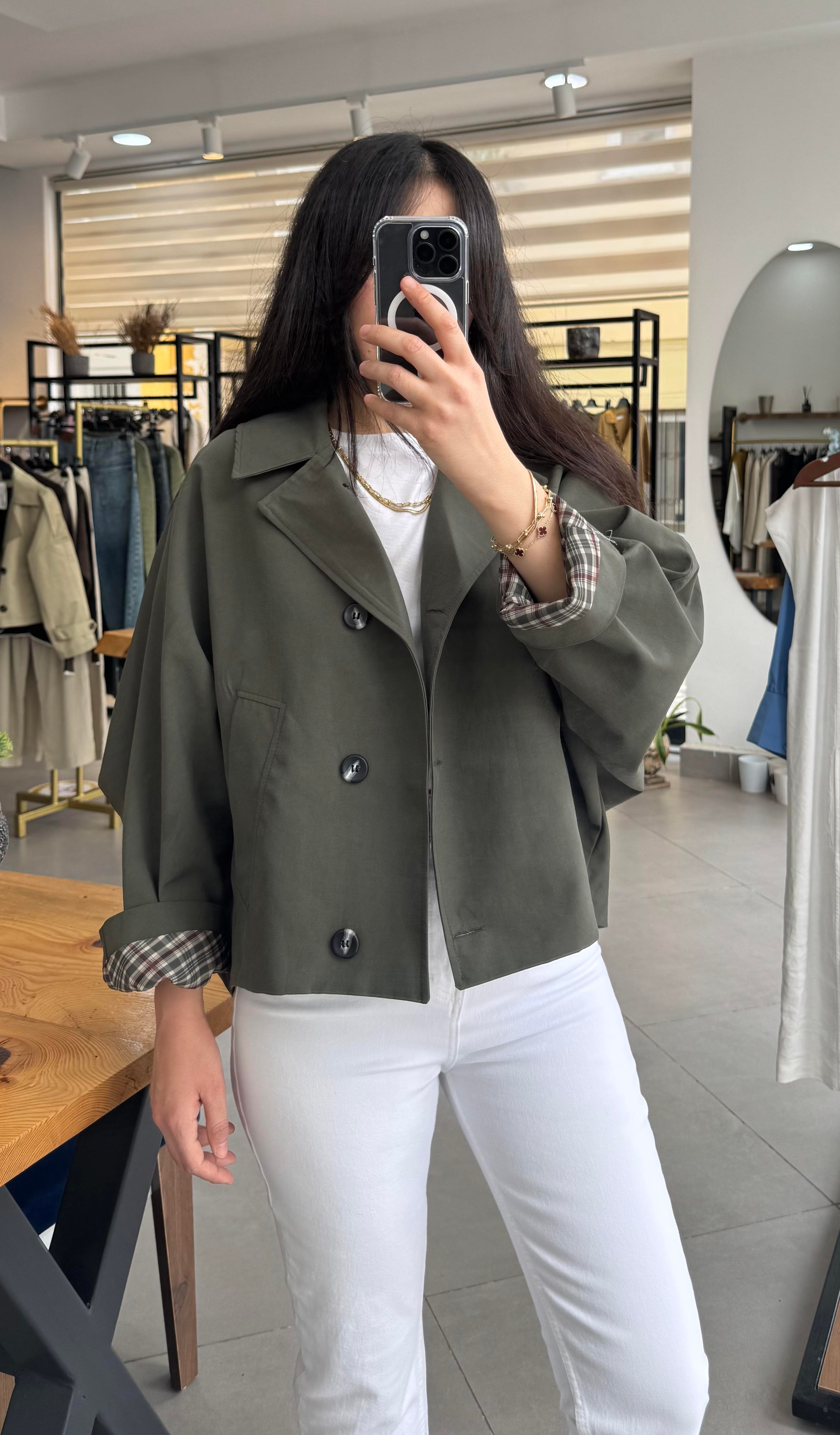 Oversize Yarasa Kol Ekose Astarlı Haki Trençkot