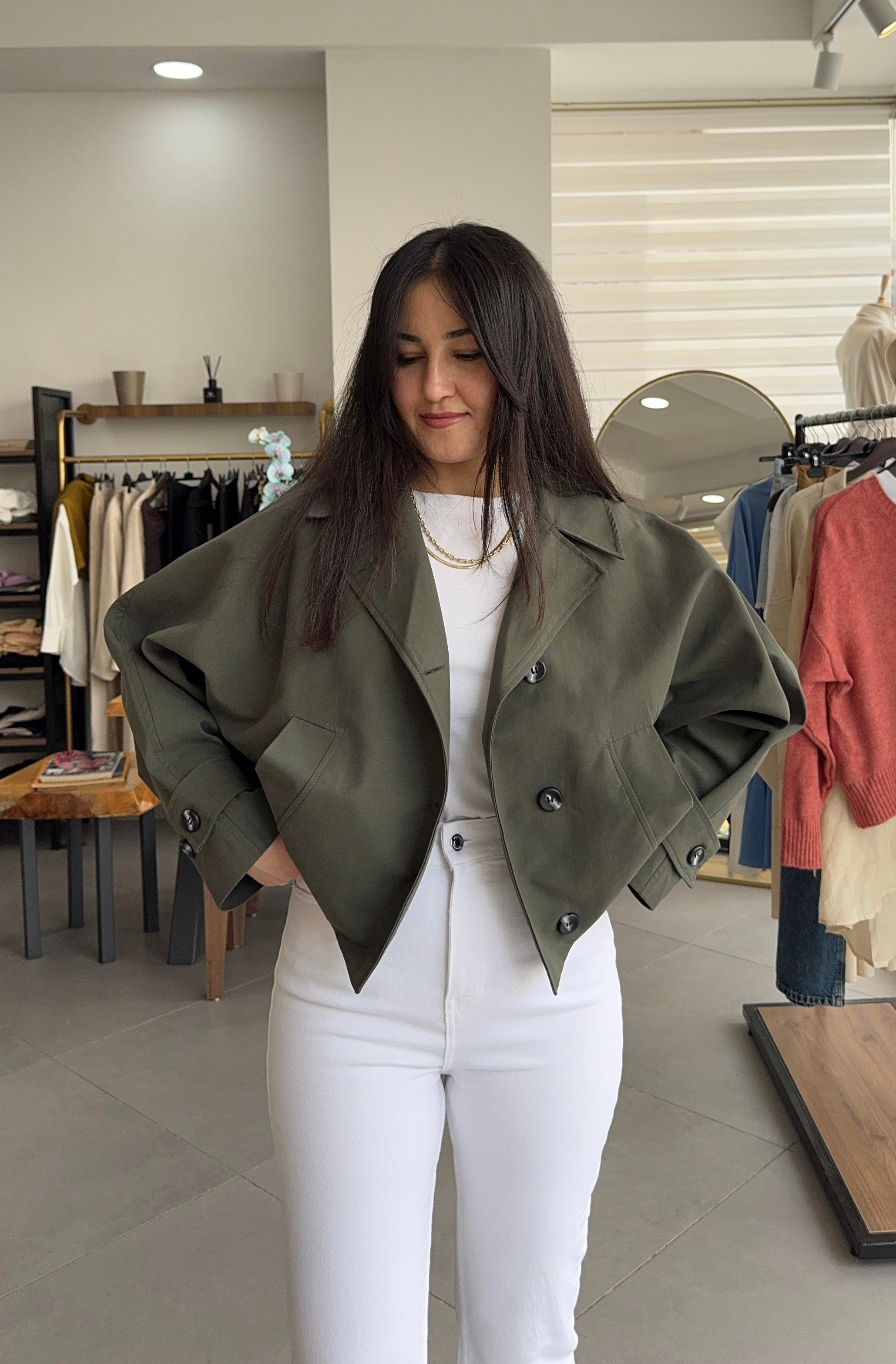 Oversize Yarasa Kol Ekose Astarlı Haki Trençkot